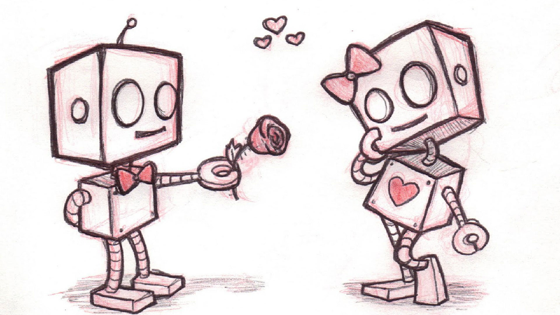 robot, sketch, love, cute, girly, relationship, flower, couple