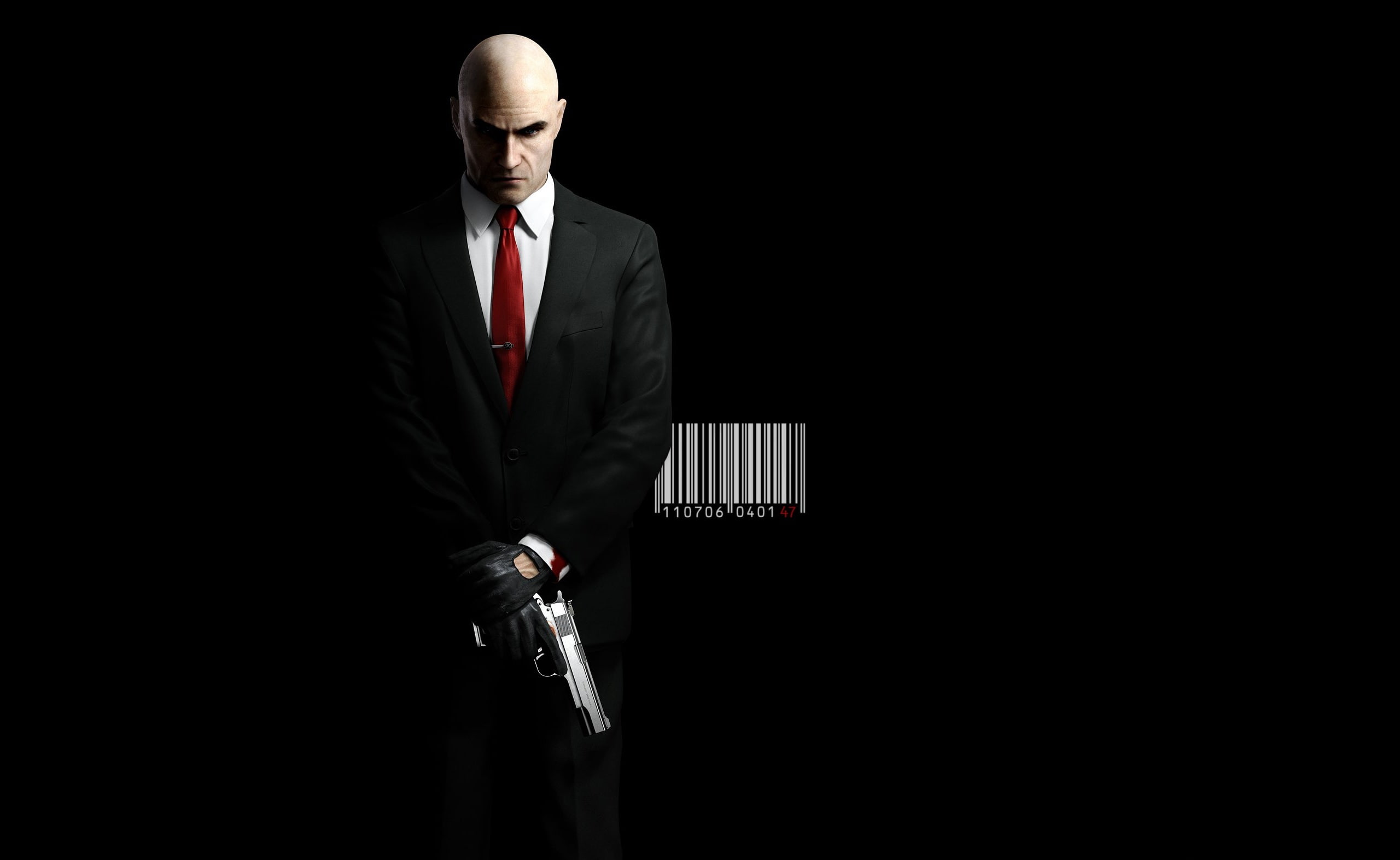 Hitman, men's black suit, Games, 47, gun, pistol, guns, blood