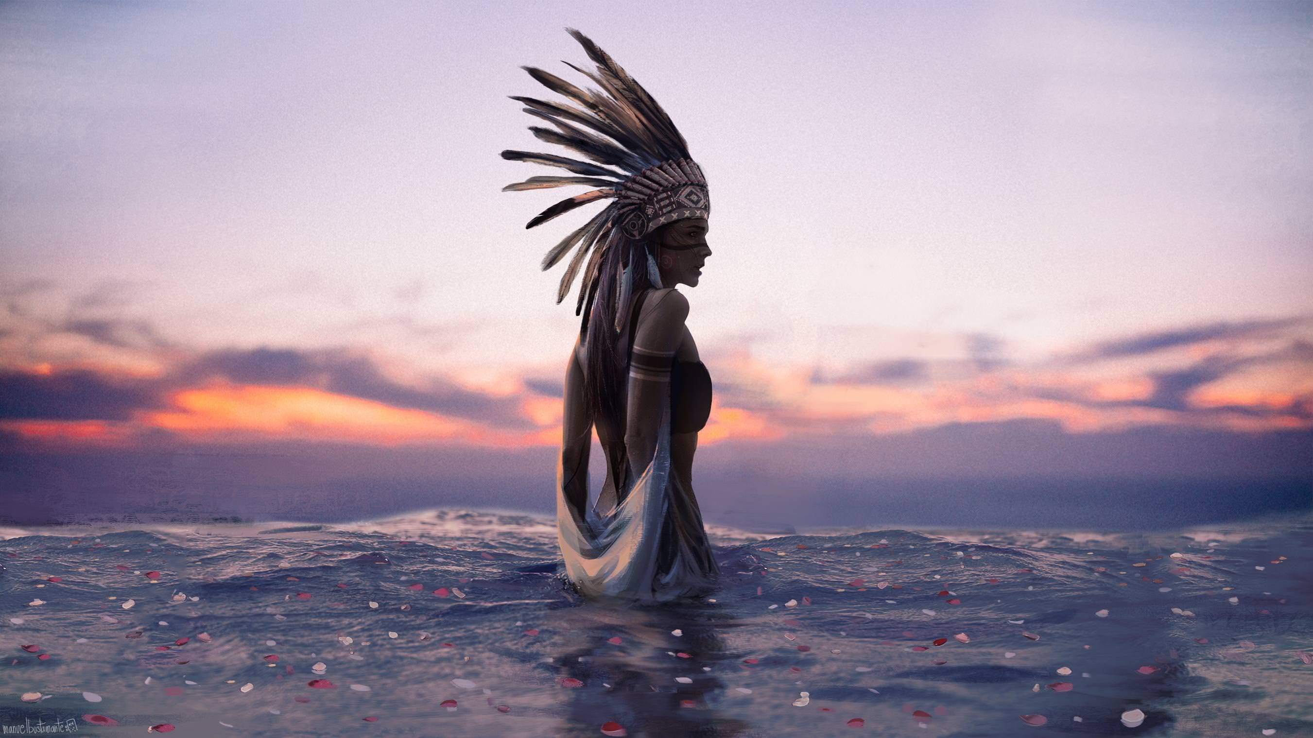 digital art, indian, Native American Clothing, sunset, water