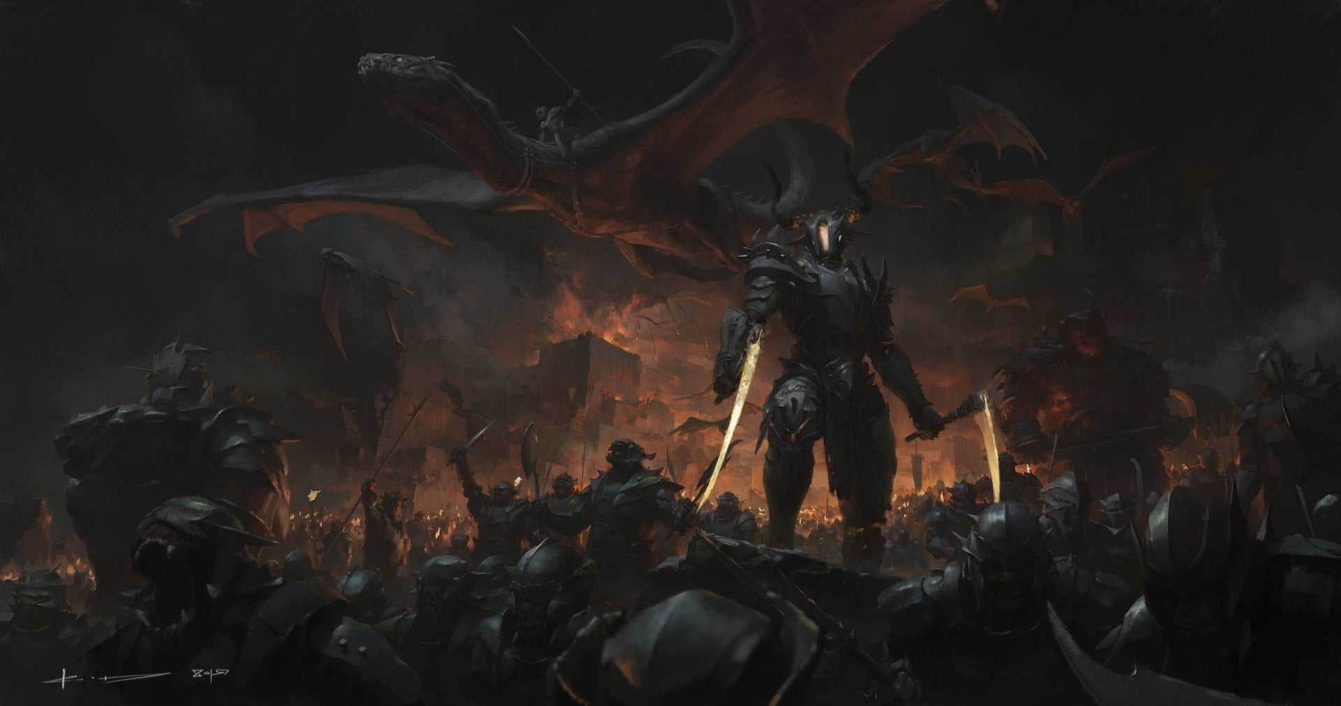 Dark, Warrior, Armor, Army, Creature, Dragon, Orc, Sword, burning