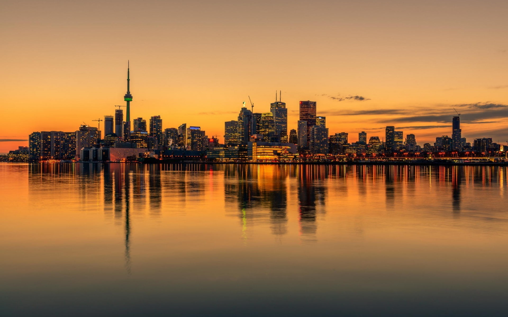sunset, reflection, skyline, Canada, Toronto, water, cityscape