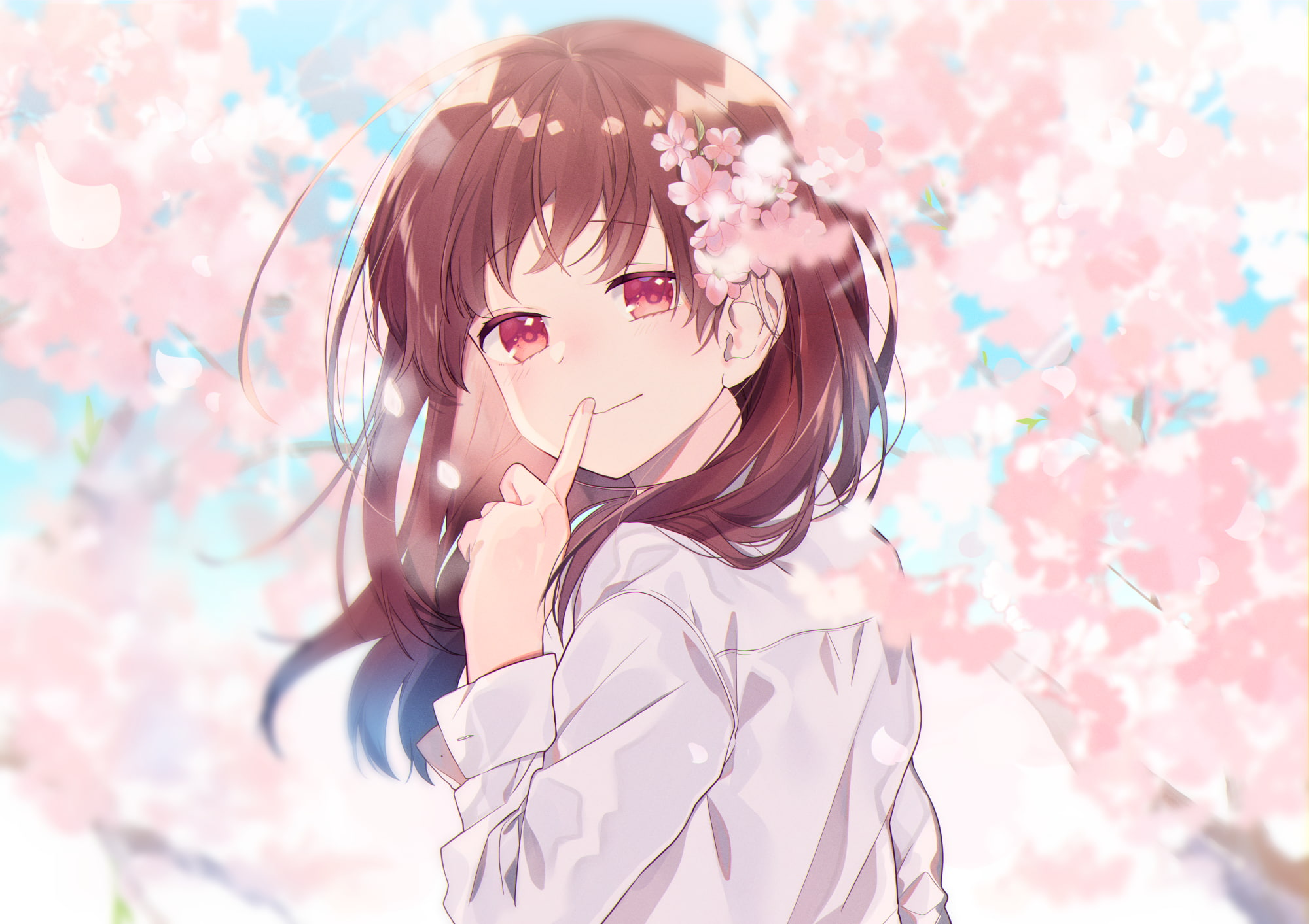 anime girls, blossom, brunette, pink eyes, flower in hair, white shirt