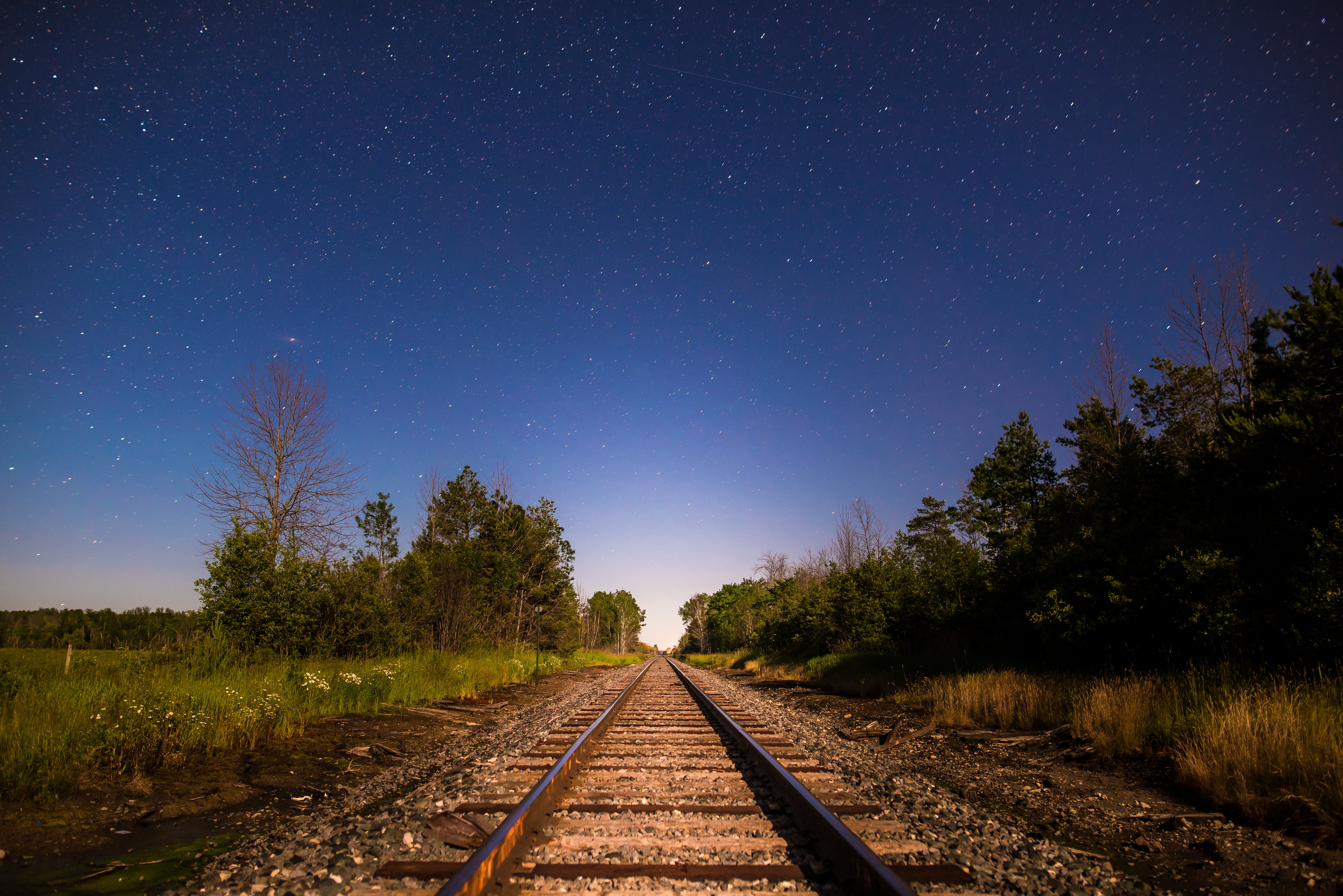 green trees, railway, starry sky, direction, track, railroad track