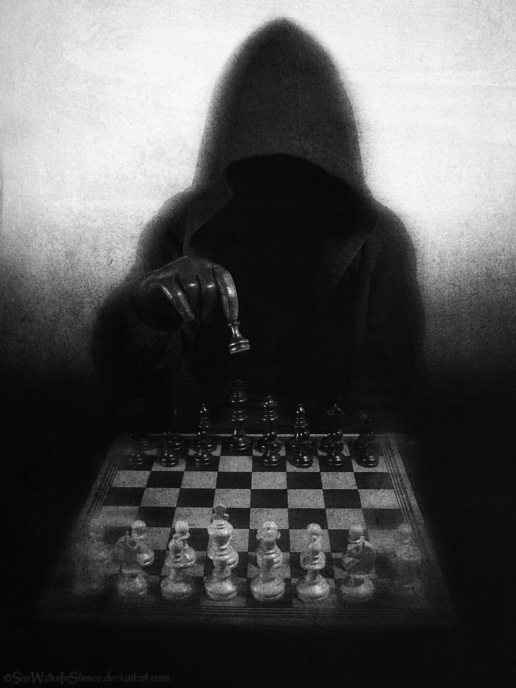 black chess set, digital art, Grim Reaper, death, dark, monochrome