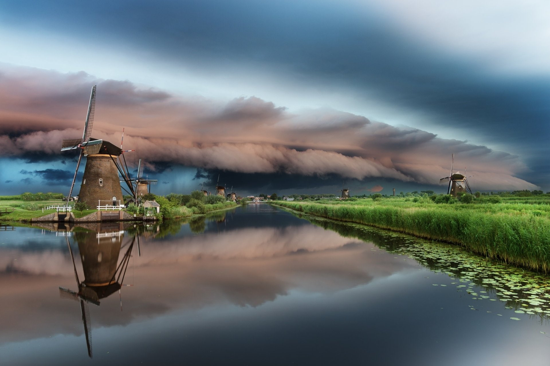 Buildings, Windmill, Cloud, Reflection, River, Sky, Storm