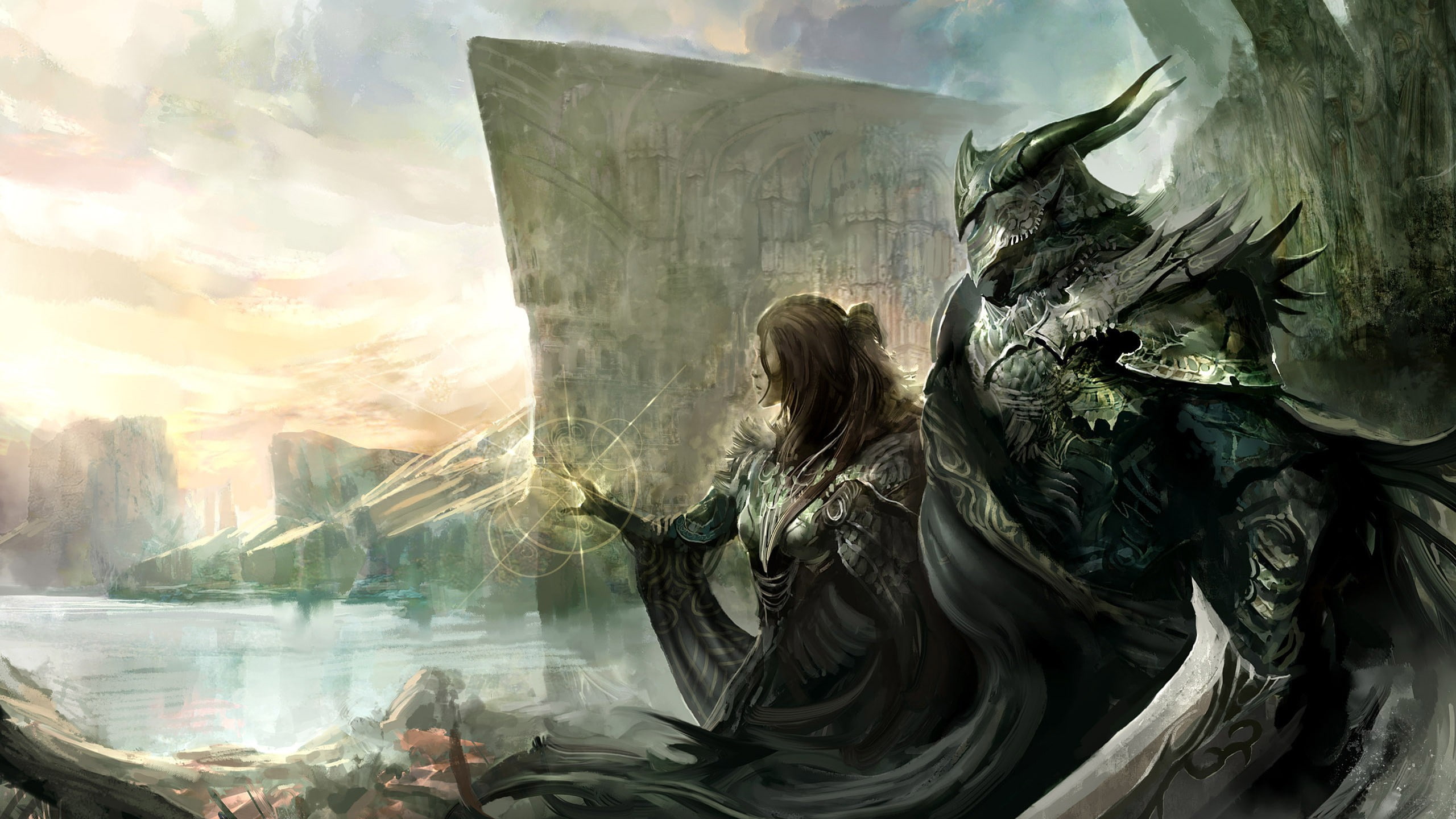 armor, artwork, landscape, sword, warrior, water