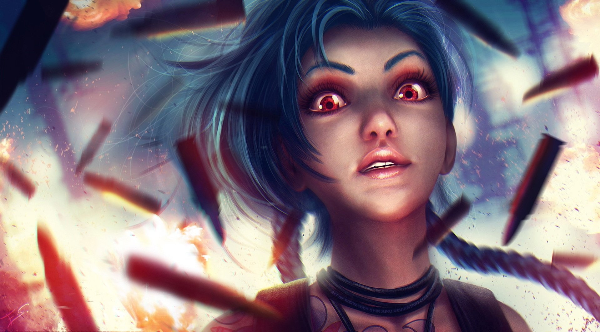 Free Download Hd Wallpaper Jinx League Of Legends Red Eyes Blue Hair Artwork Braid 9219