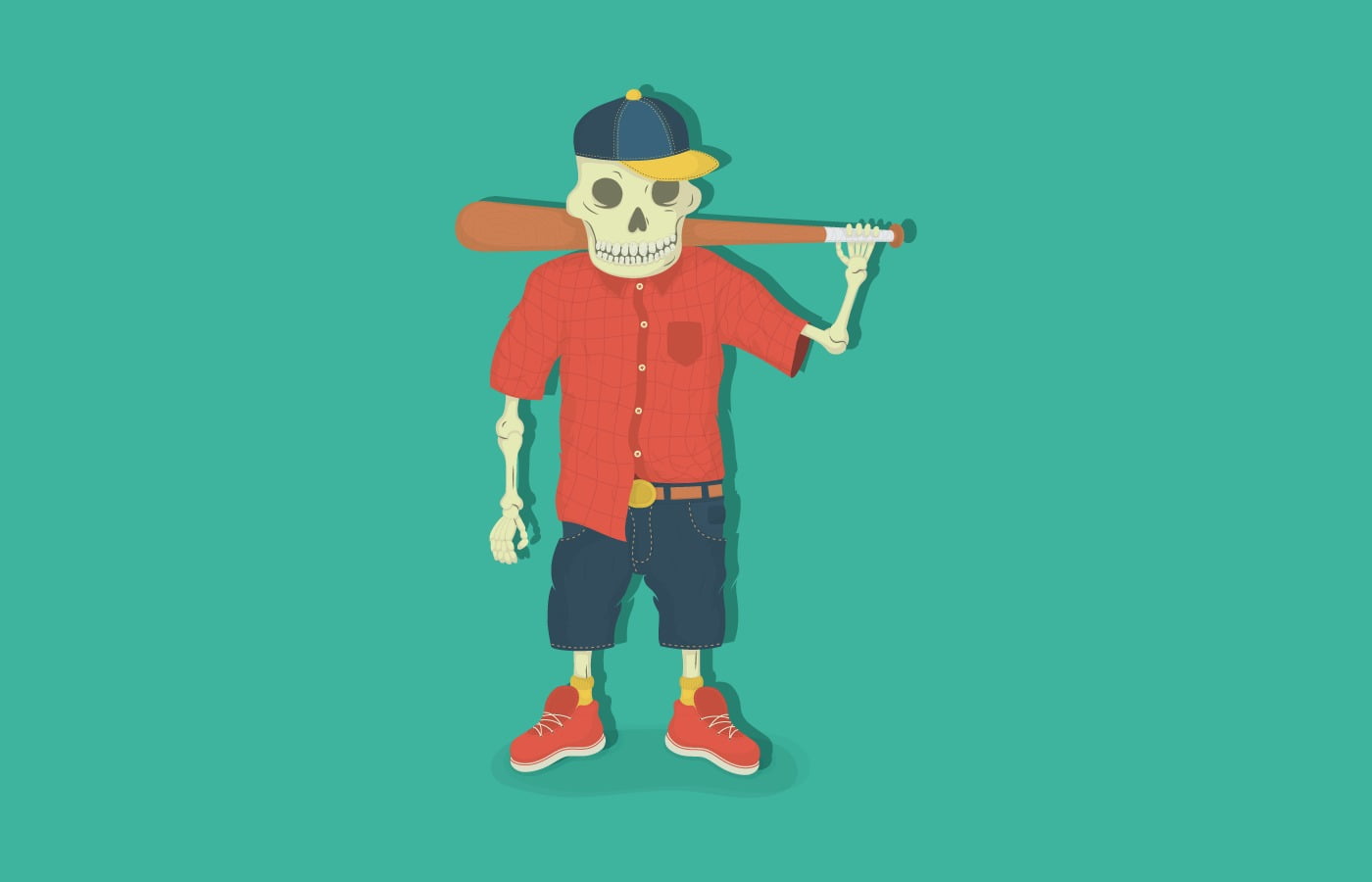 skull holding baseball bat illustration, minimalism, one person