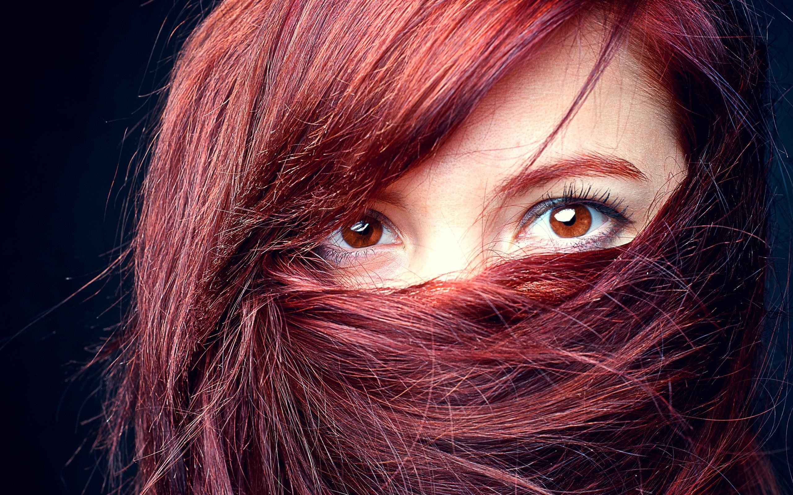 looking at viewer, face, mask, brown eyes, hair in face, redhead