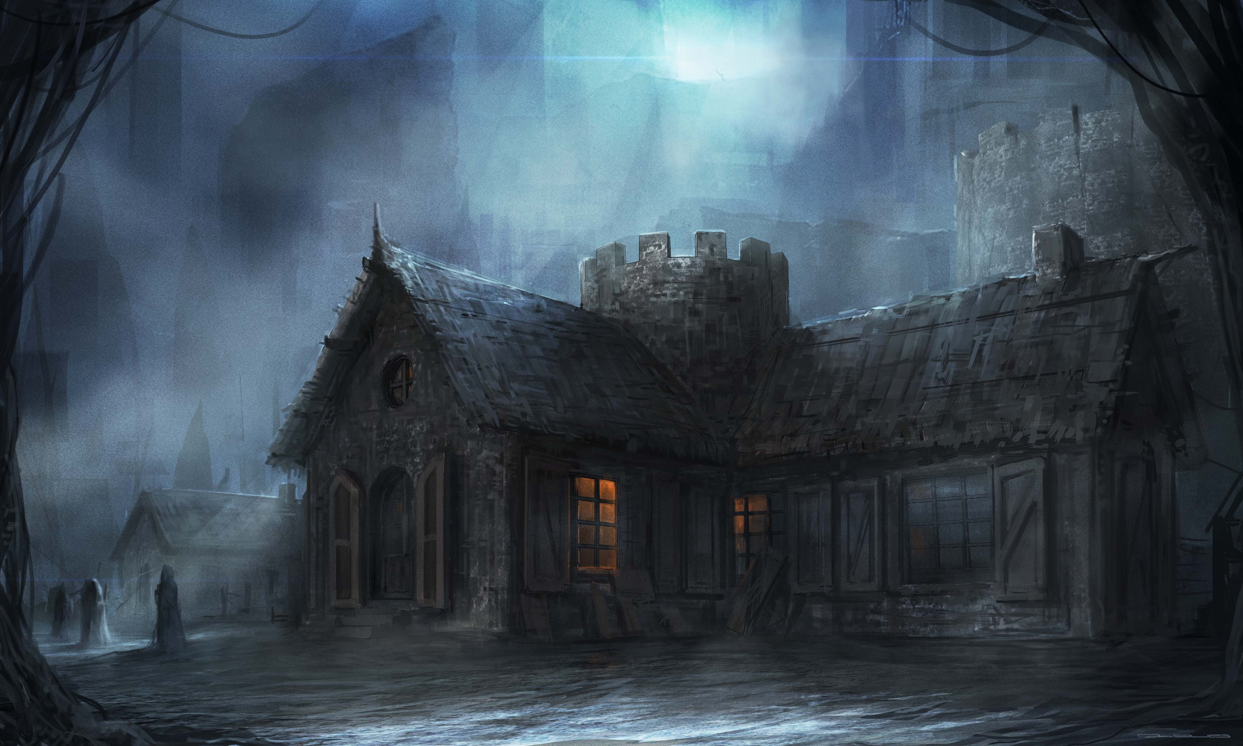 haunted house illustration, night, the city, the building, art