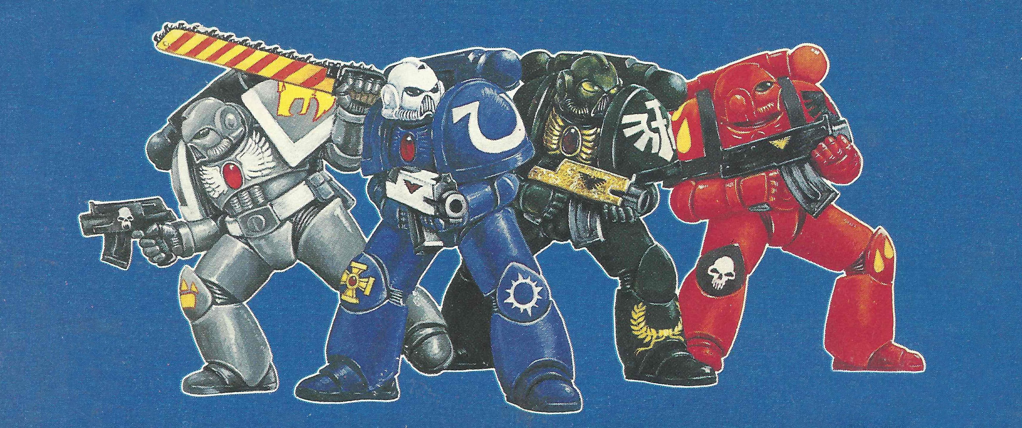 Warhammer 40,000, space marines, colored background, blue, no people