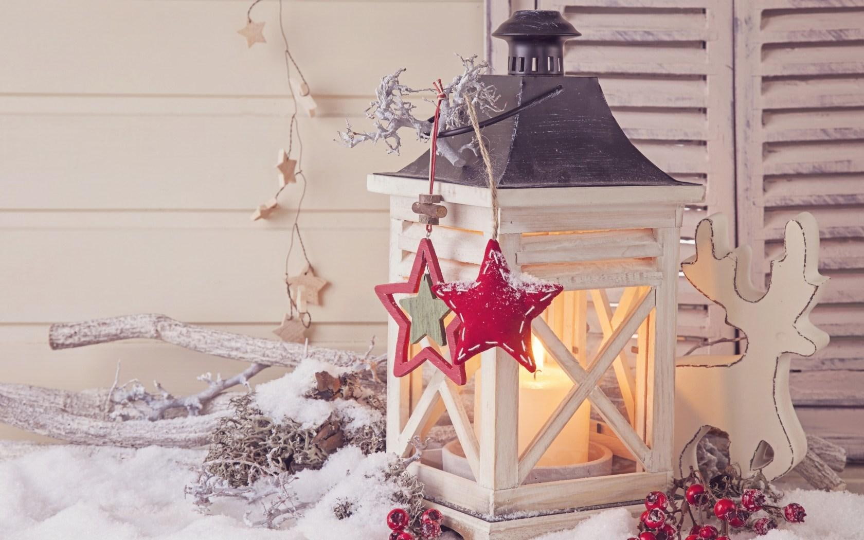 Merry Christmas New Year Lantern Stars Snow Candle