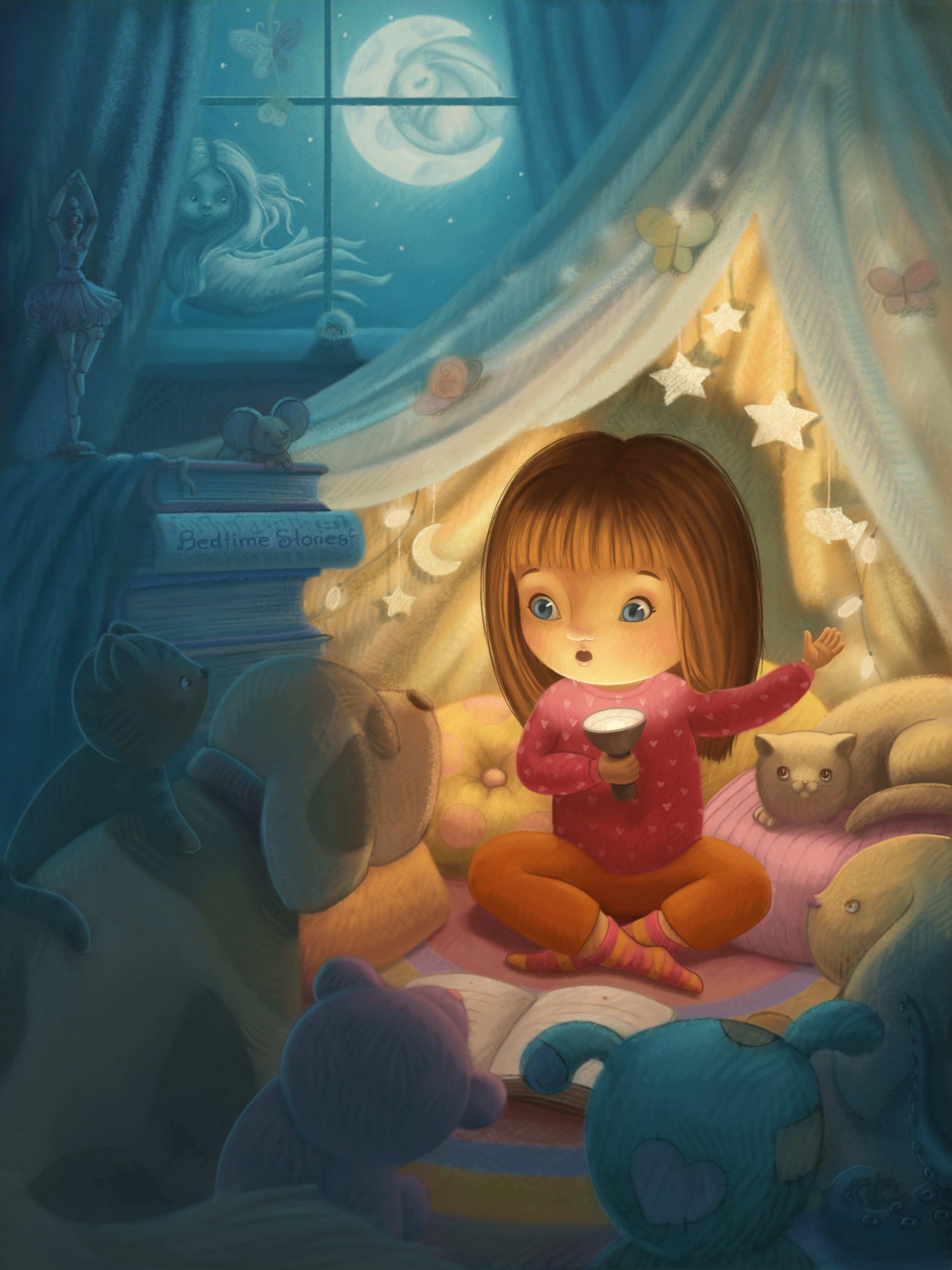 Bedtime stories, Fairy, Moon, Animals, Toys, Cartoon, Digital art