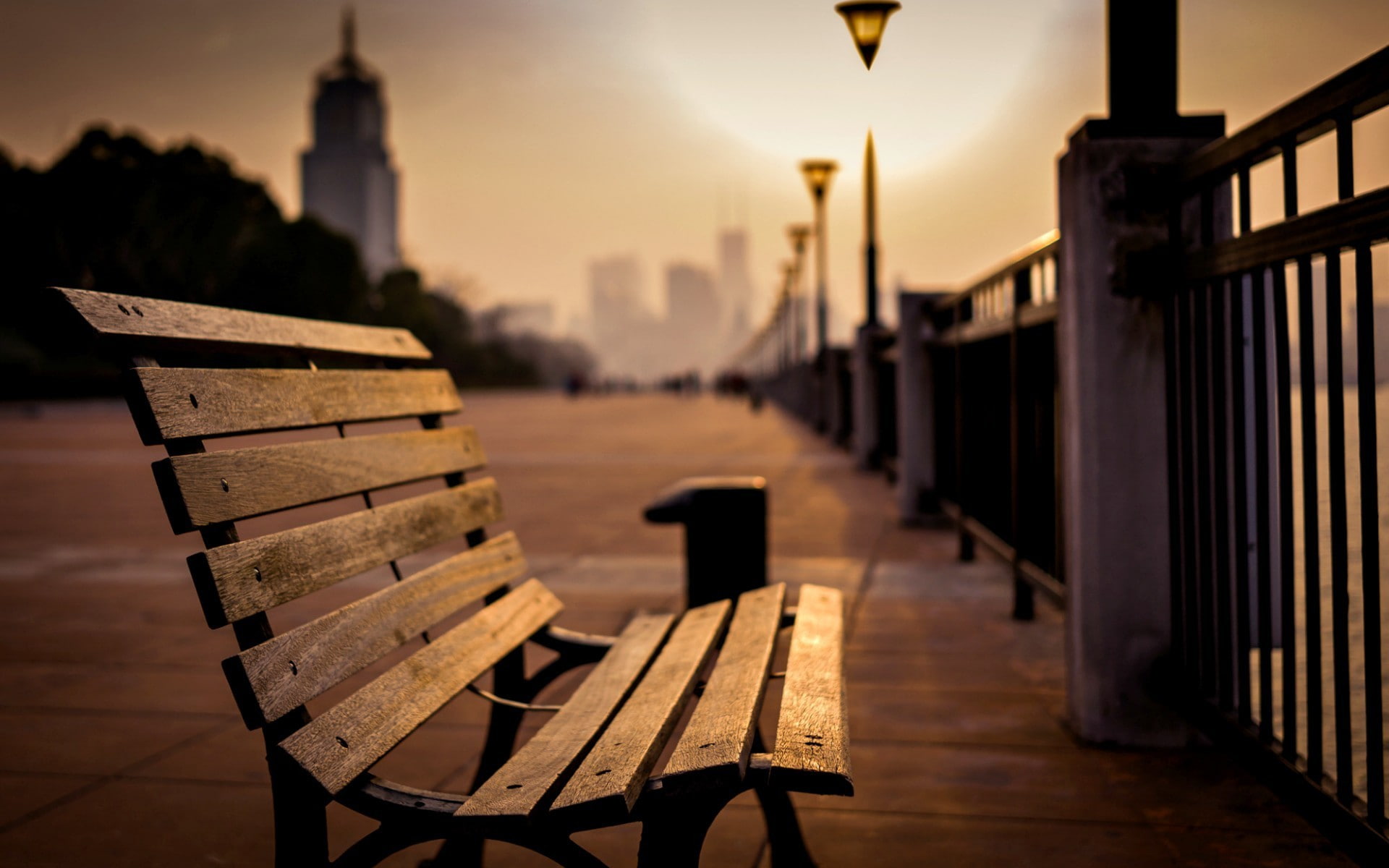 brown wooden bench, sea, light, the city, Park, background, lamp