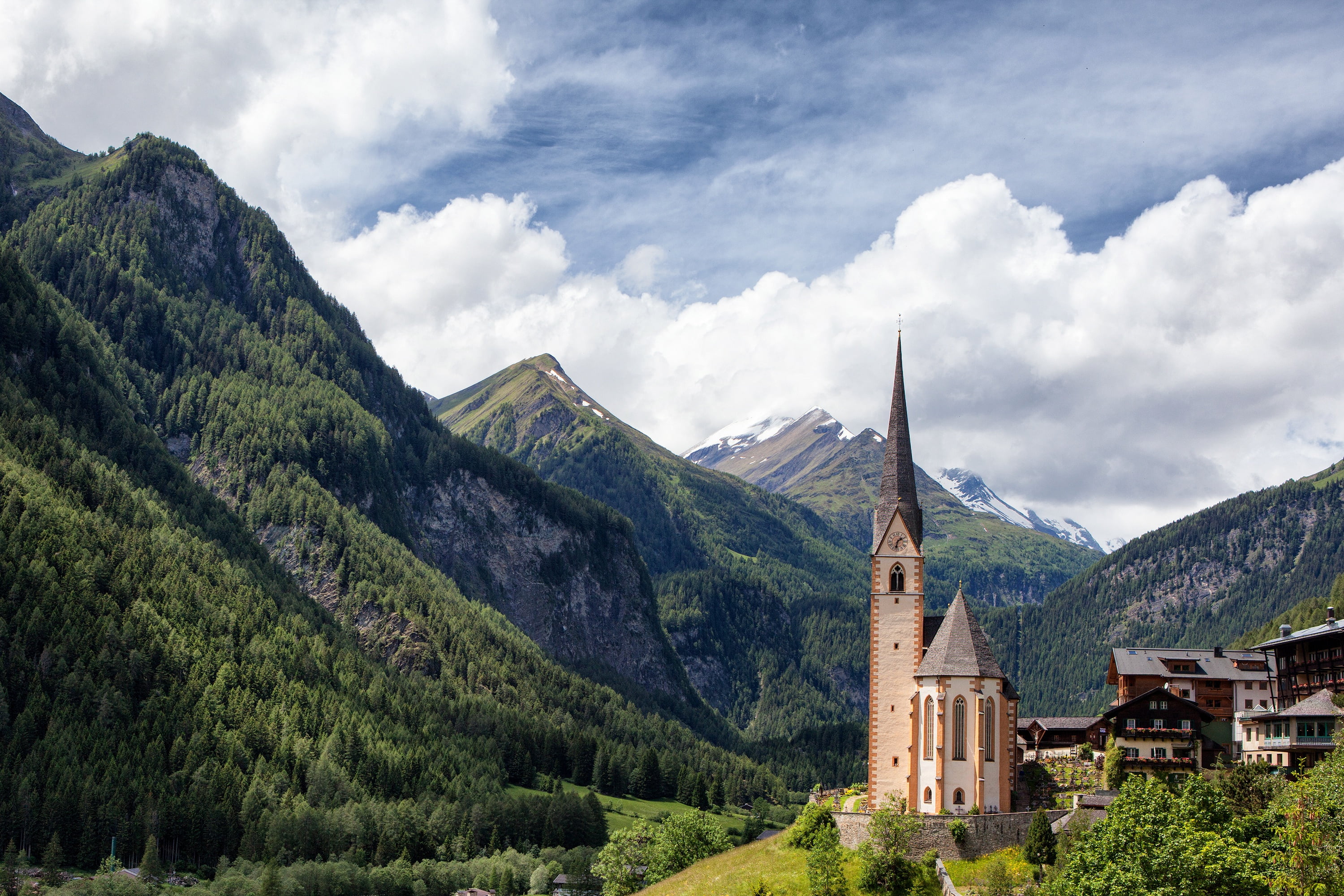 the sky, clouds, mountains, Austria, Church, Carinthia, Heiligenblut