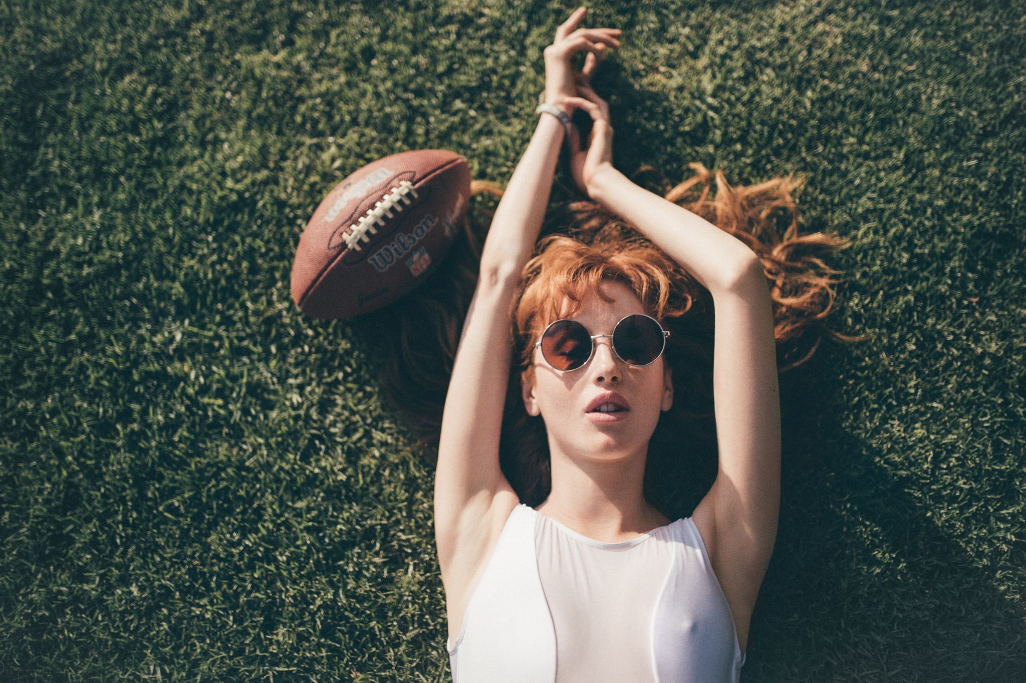 Free Download Hd Wallpaper Redhead Women American Football Sunglasses Grass Model