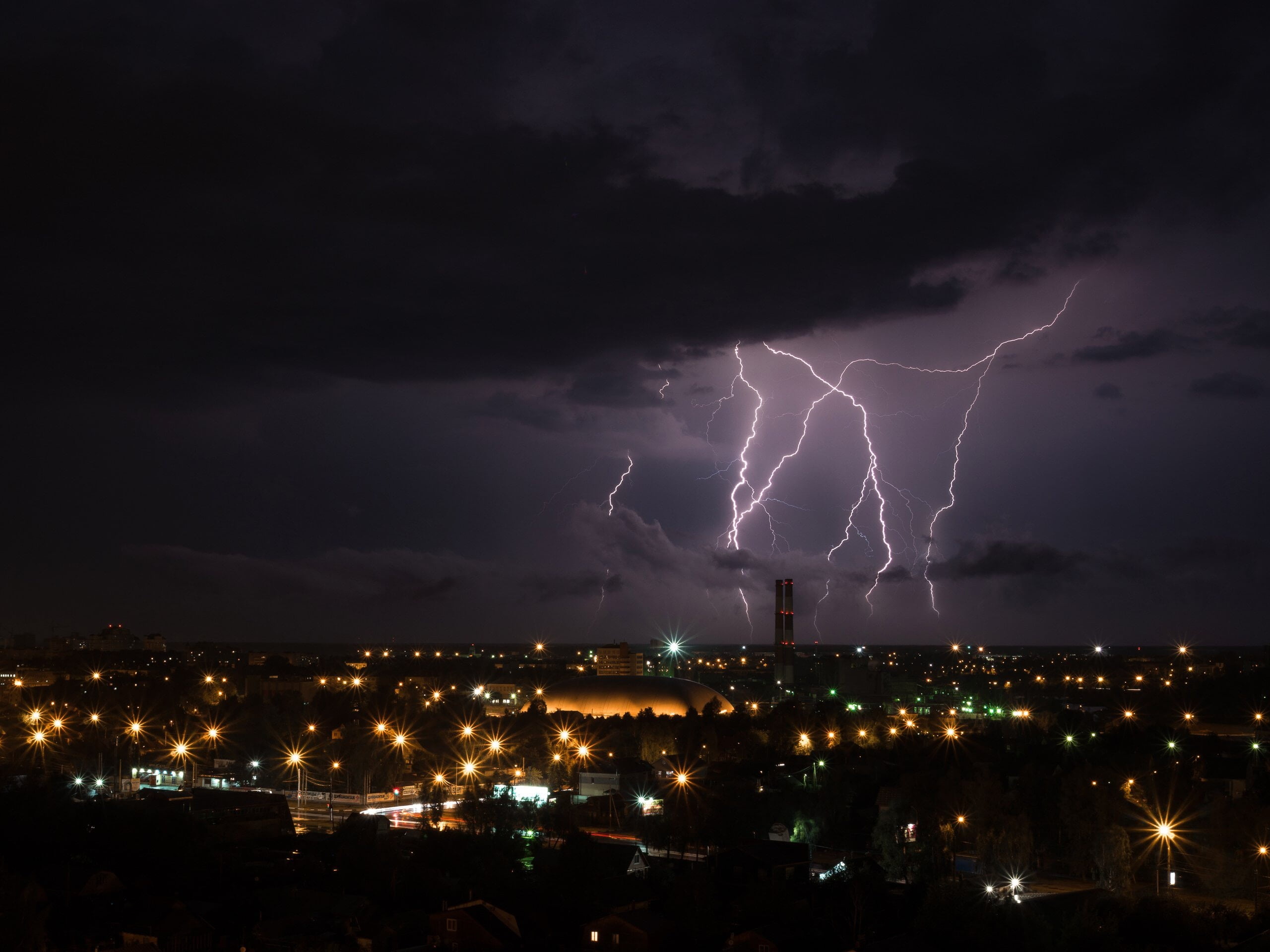 lightning bolt, city, night, sky, clouds, pollution, thunderstorm