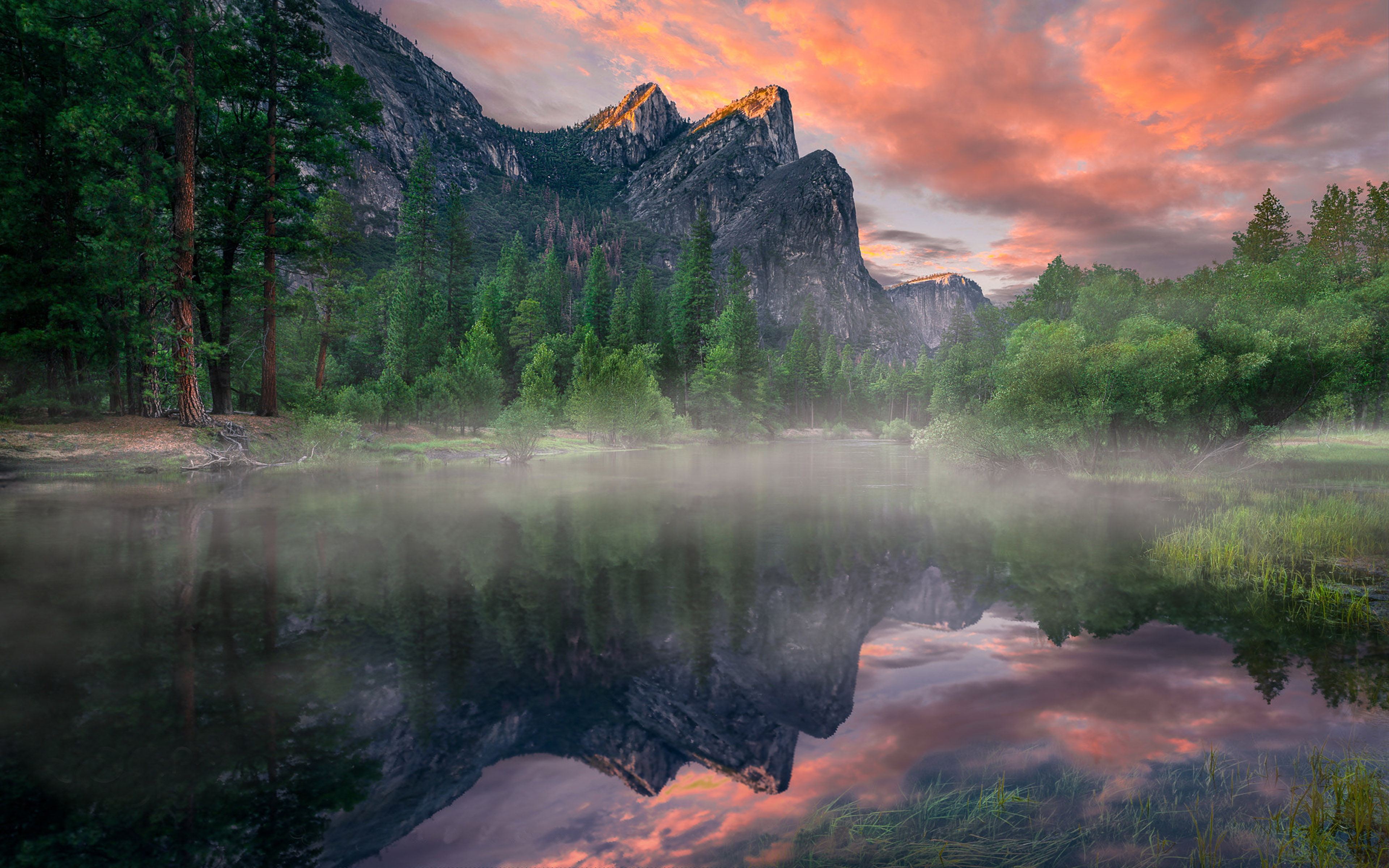 Yosemite Valley Yosemite National Park U.s.three Brothers At Sunset And Reflection In Merced River Landscape Photography Desktop Hd Wallpaper 3840×2400