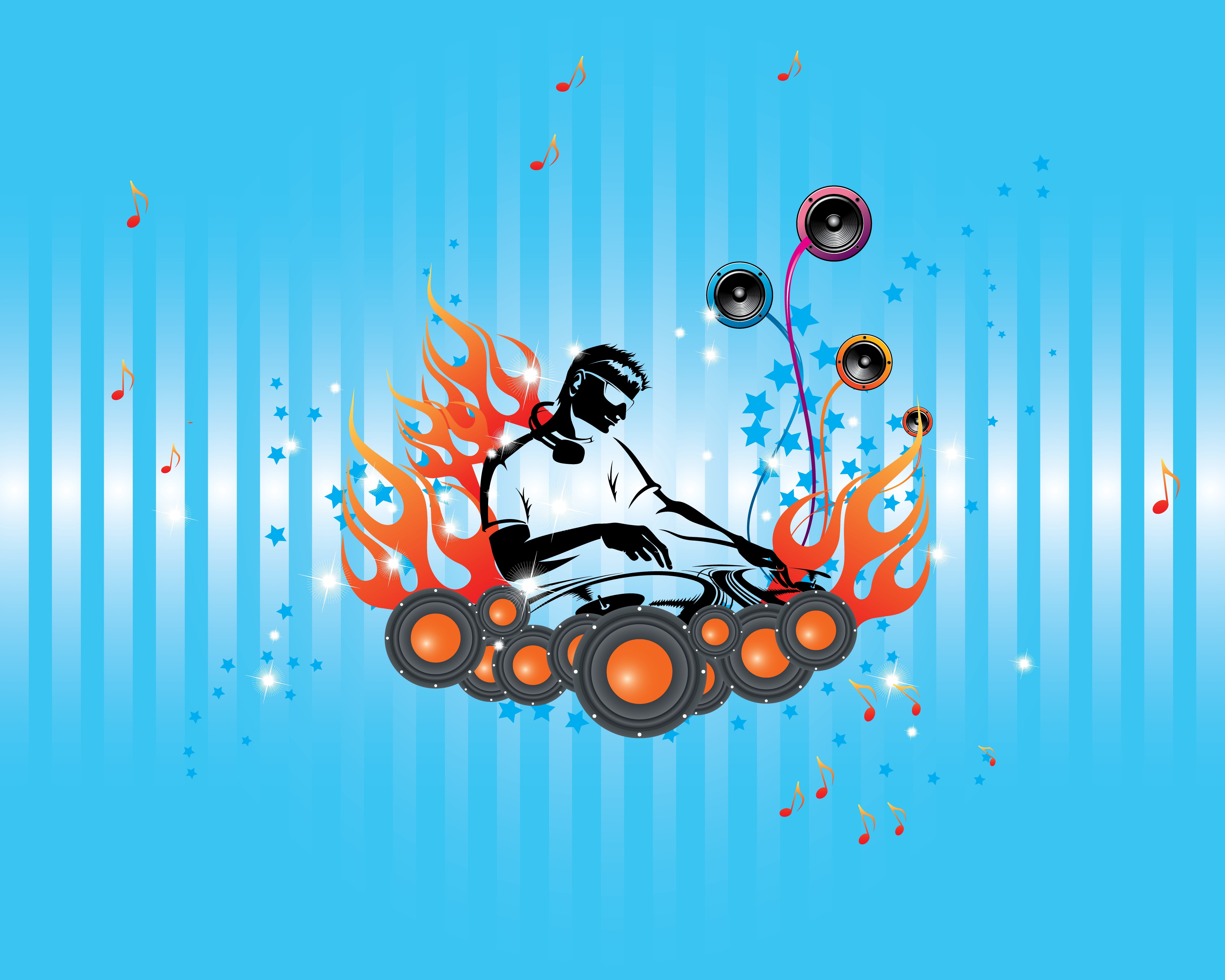 illustration of man using DJ controller, music, fire, minimalism