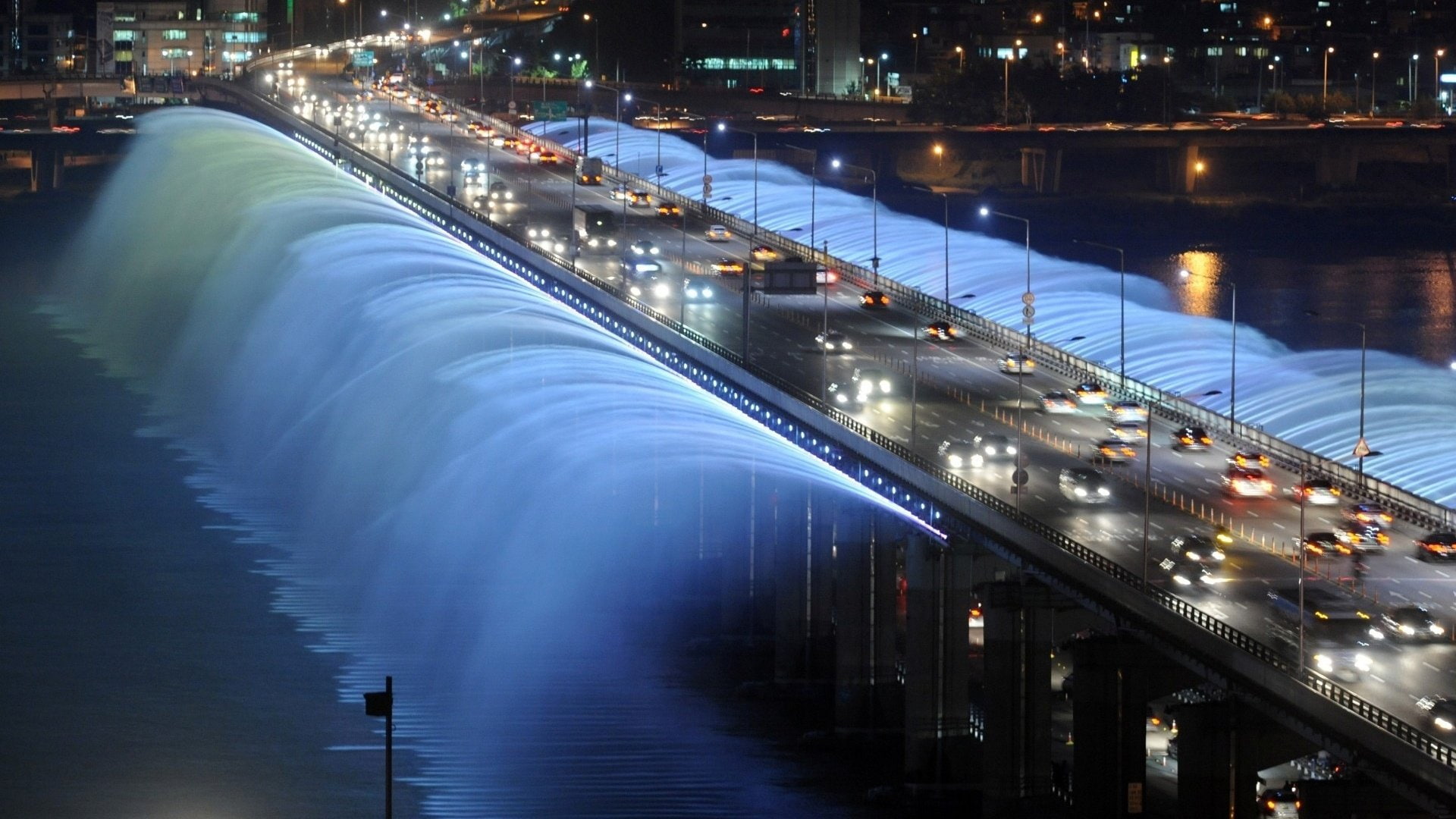 banpo, bridge, cars, drops, fountain, korea, lights, night