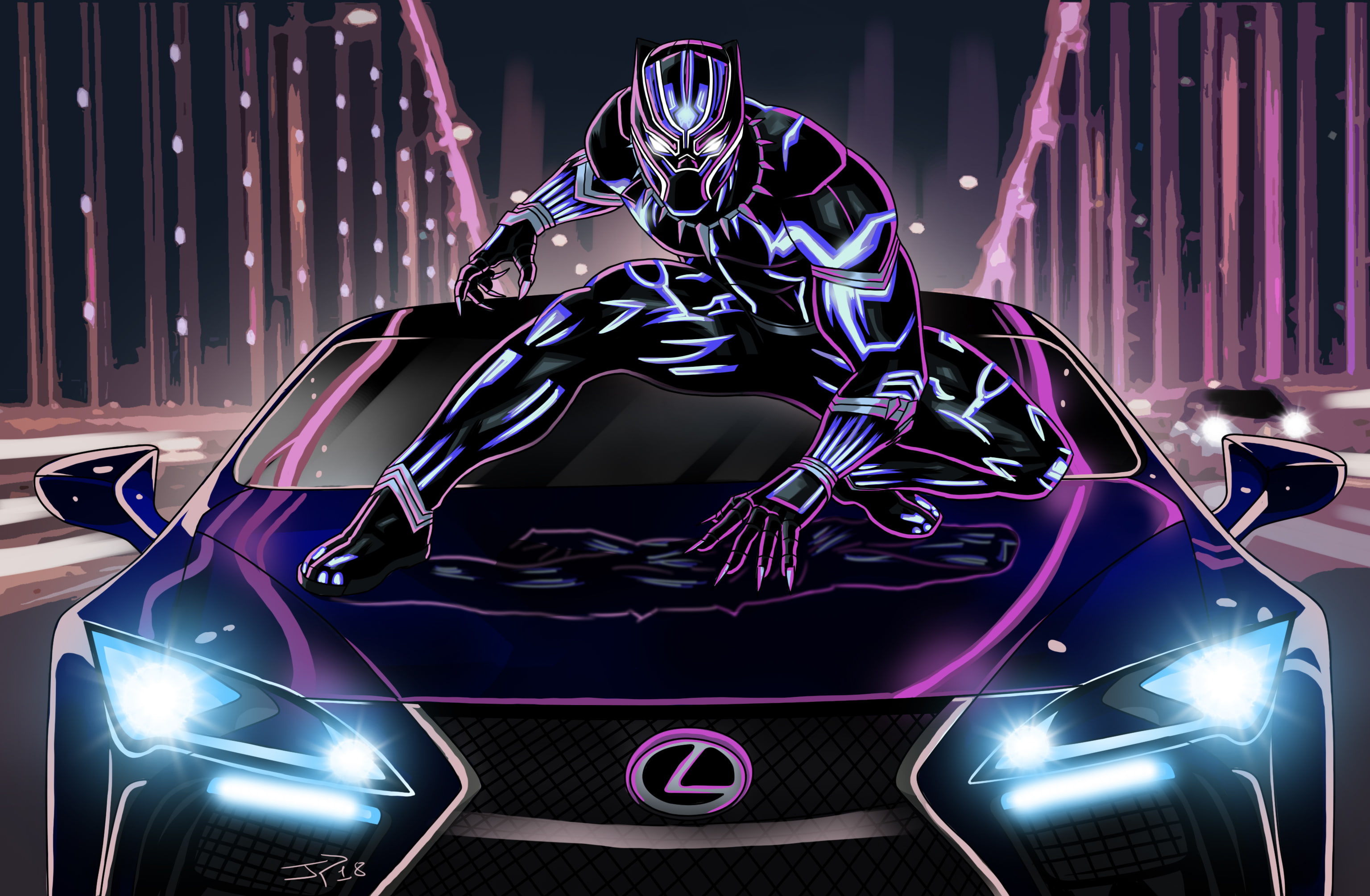 Artwork, Neon art, Lexus LC 500, Black Panther