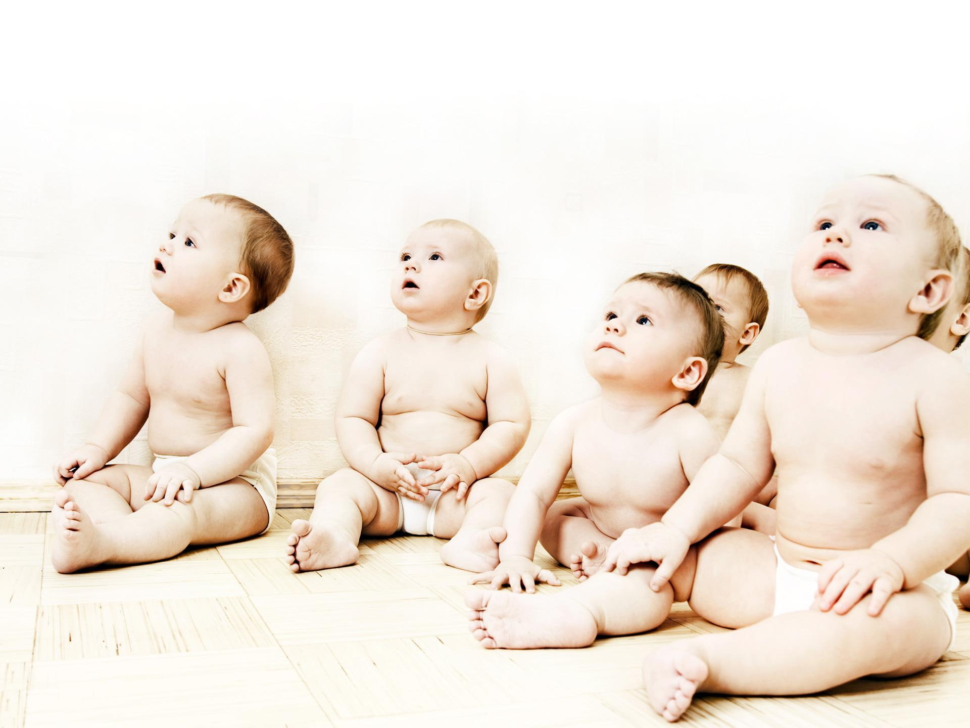 Cute Babies Sitting, six babies in diaper