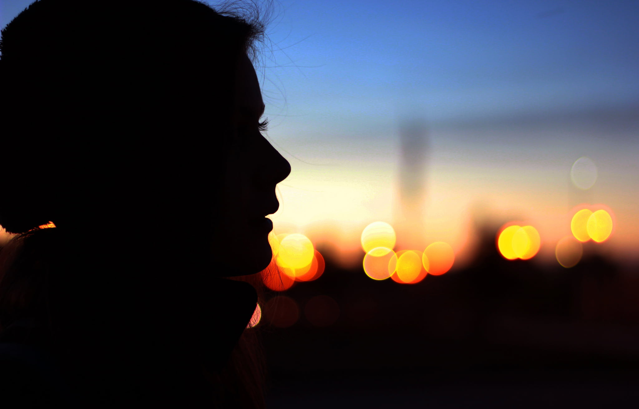 silhouette of human, eyes, girl, face, lights, background, widescreen