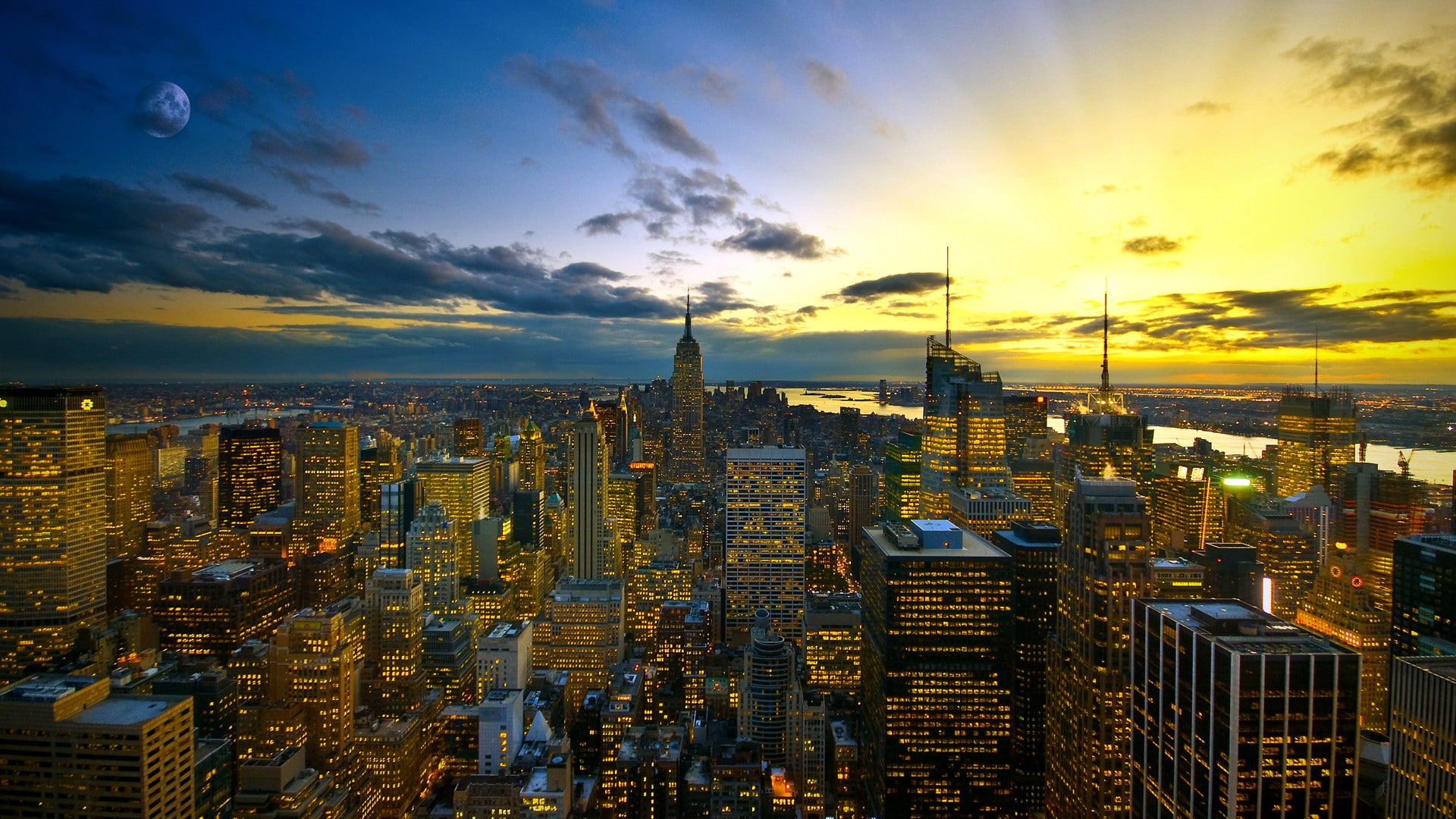 city, urban, New York City, sunset, cityscape, lights, building exterior