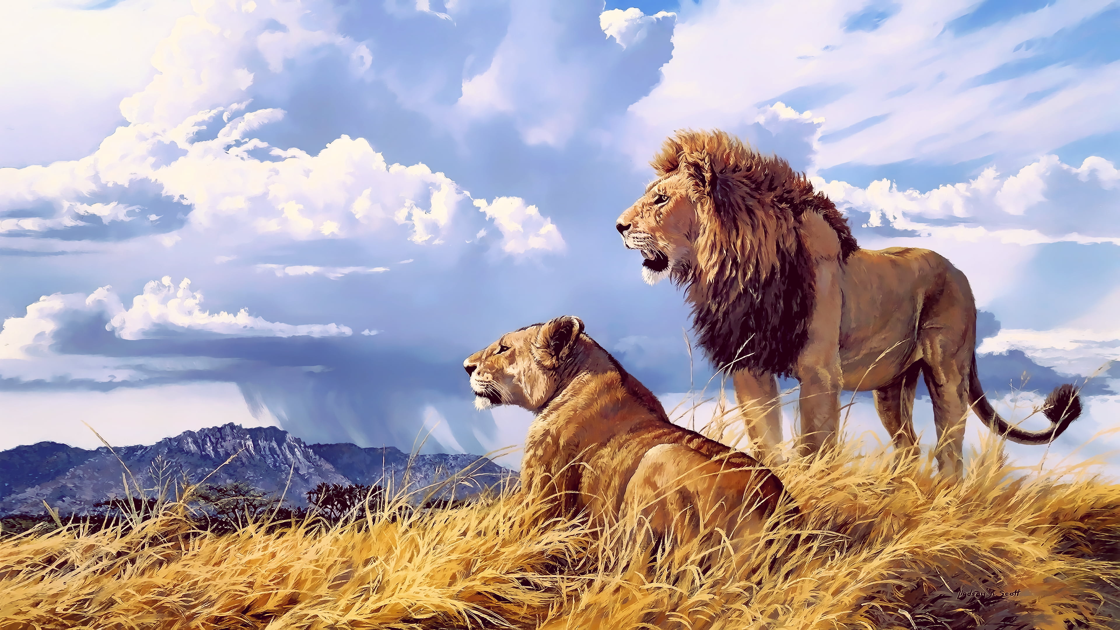 two brown lions, feline, artwork, landscape, animals, mountains