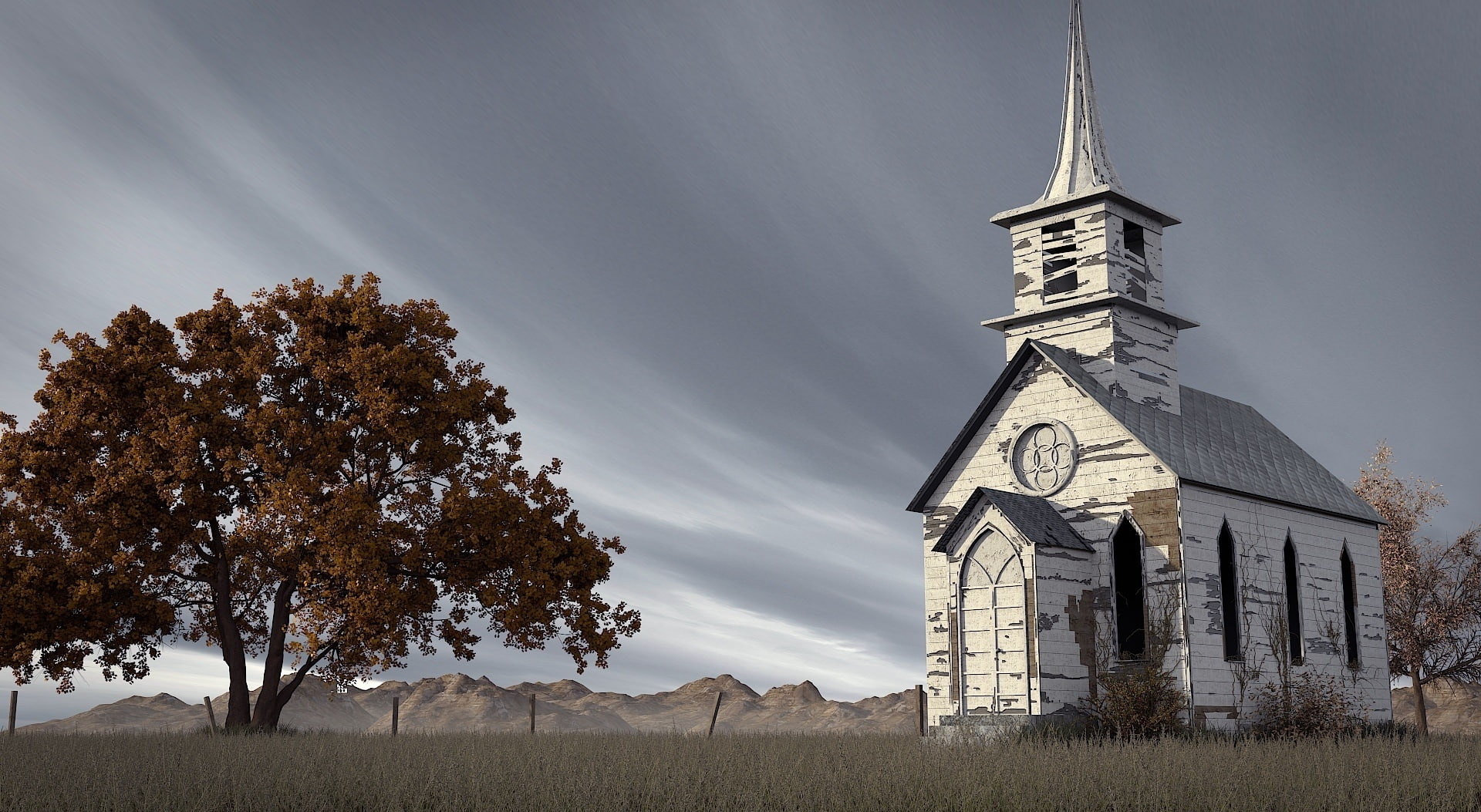 Abandoned Church 3D, Artistic, Nature, Landscape, White, Tree