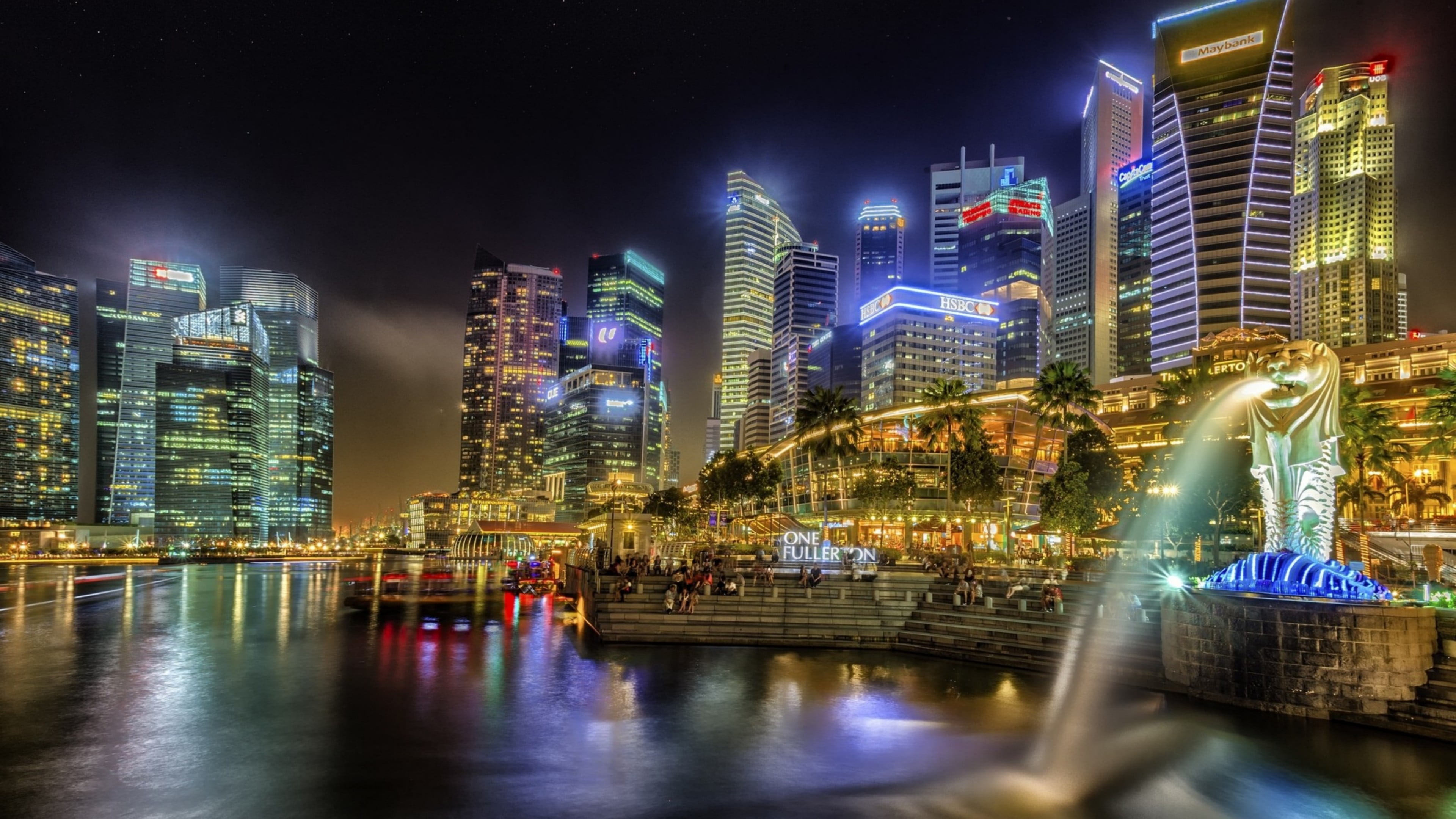 merlion park, singapore, city lights, fountain, asia, skyscraper