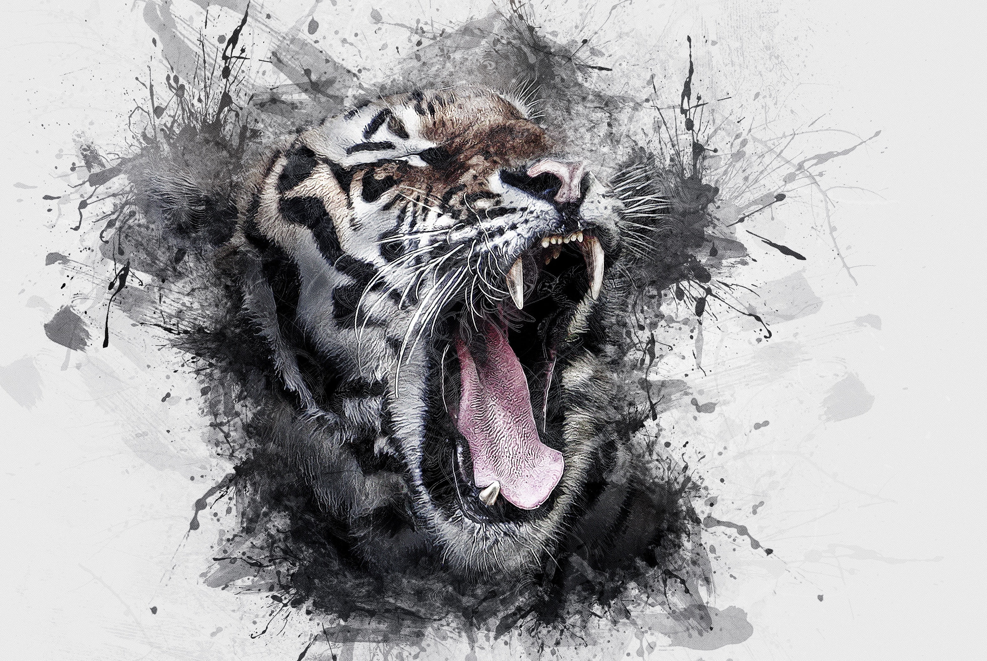 white tiger, roar, wild, artwork, watercolor, Animal