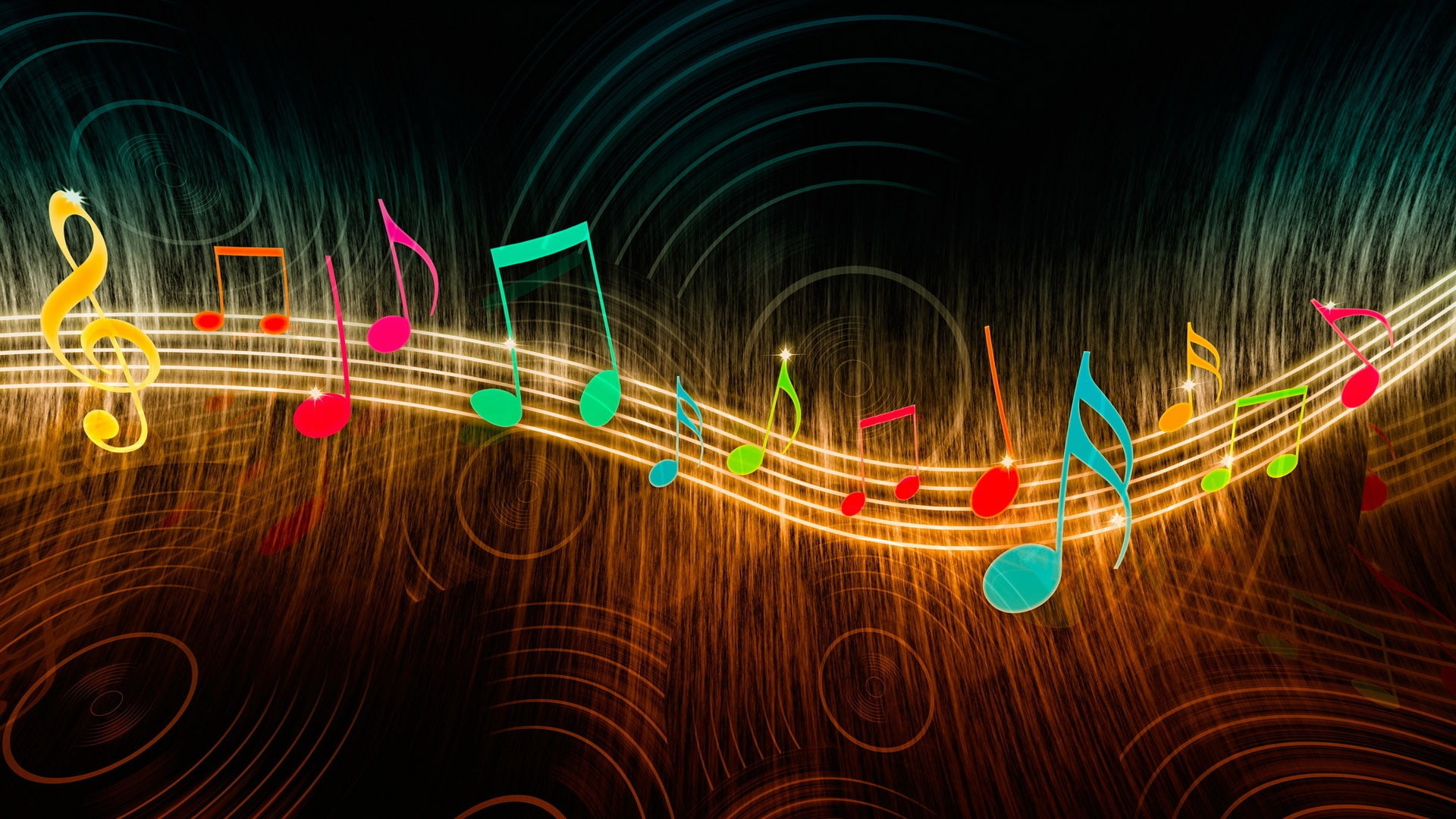 digital art music musical notes wavy lines circles colorful glowing treble clef