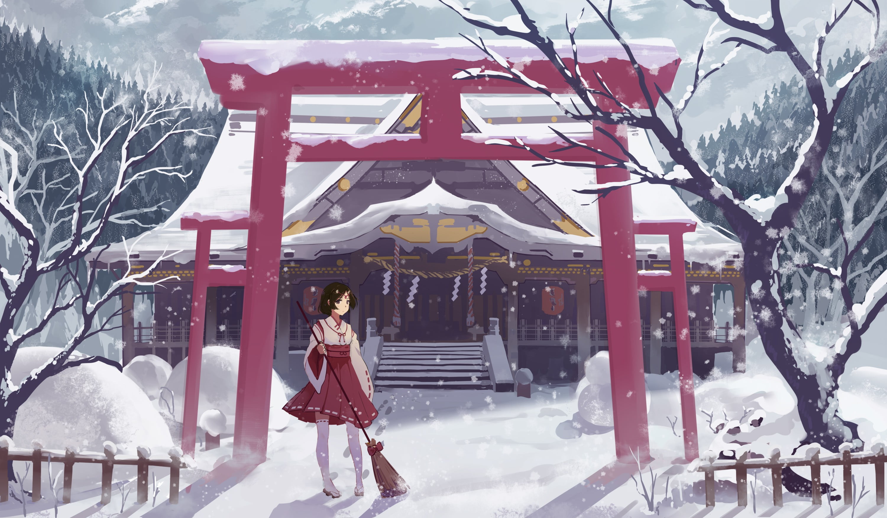 anime girls, snow, shrine, original characters, miko, winter