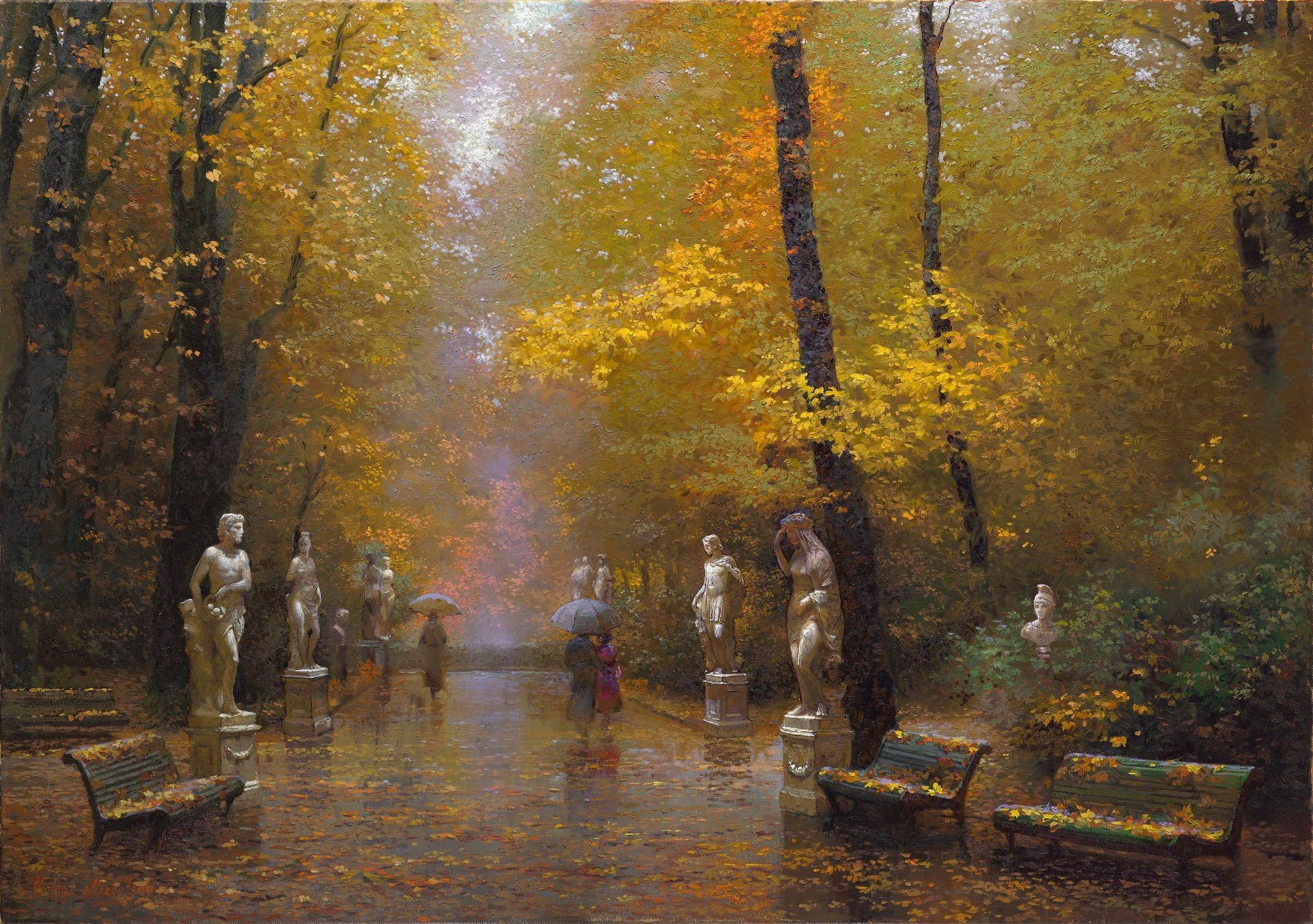 landscape painting, autumn, trees, Park, rain, picture, art, umbrellas
