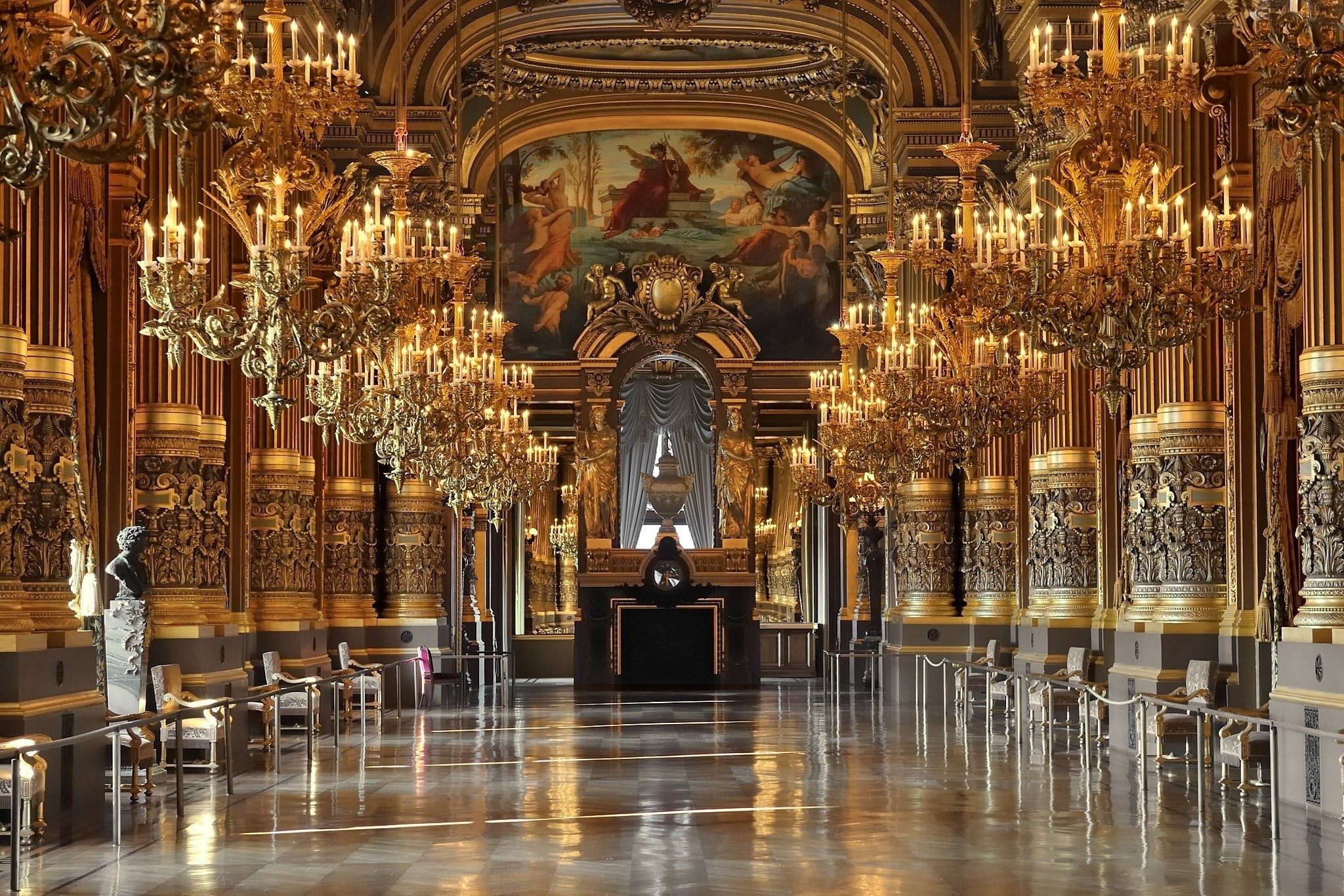 gold chandelier lot, architecture, Buckingham Palace, interior