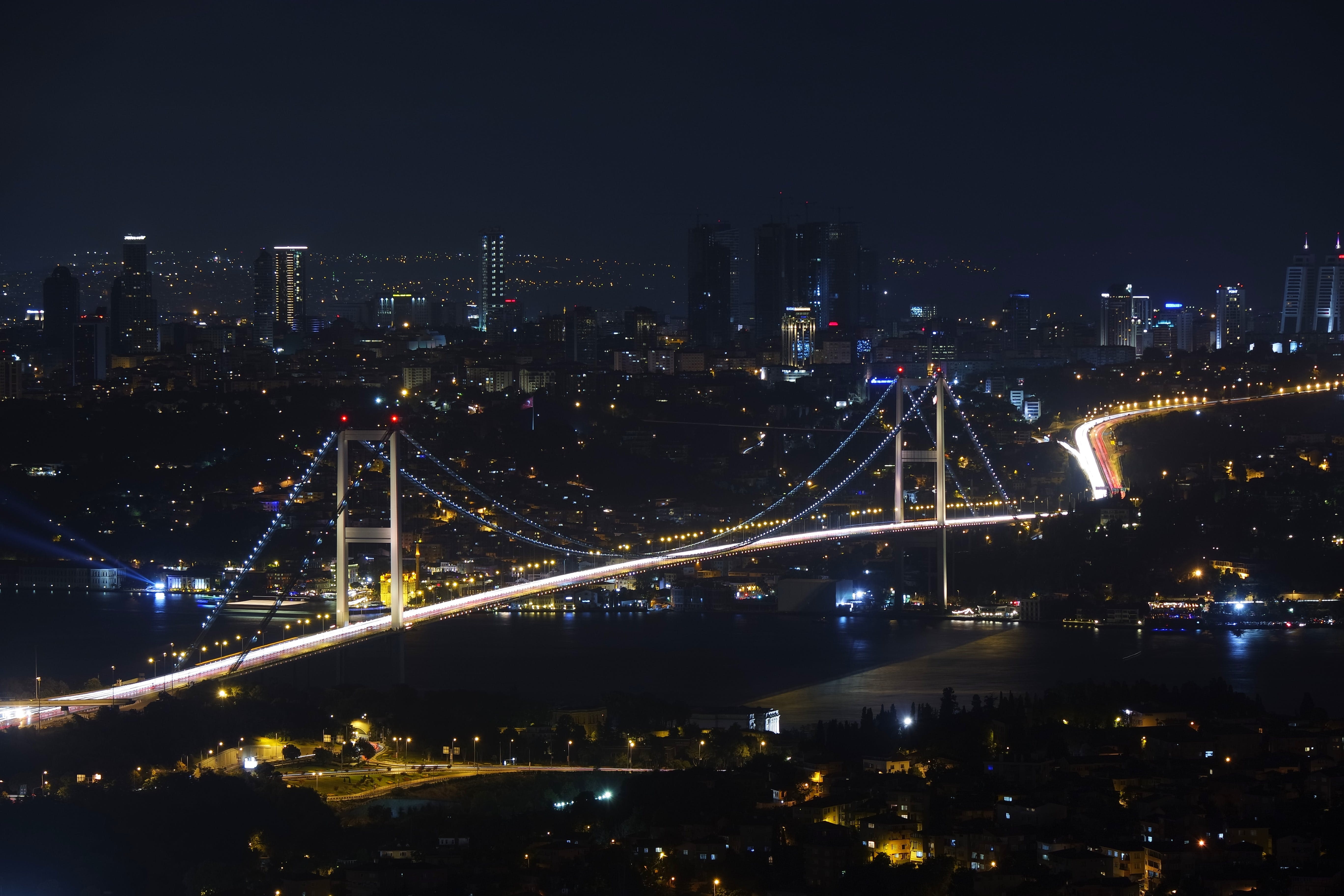 cityscape, Istanbul, Bosphorus Bridge, city lights, light trails