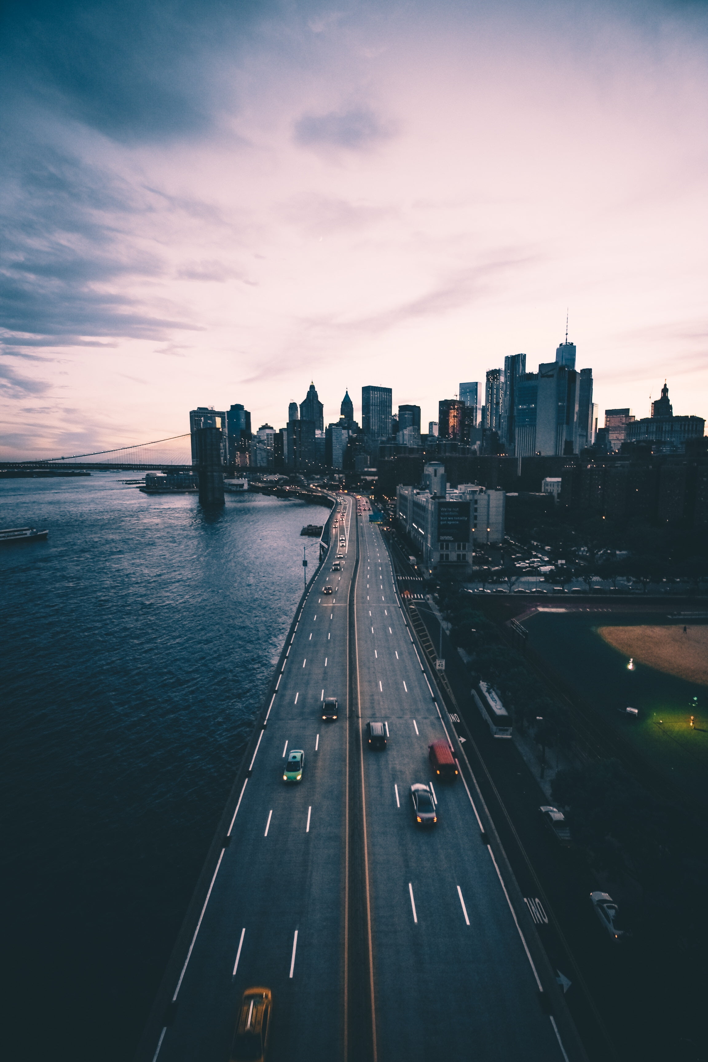 gray asphalt road, skyscrapers, metropolis, sea, traffic, new York City