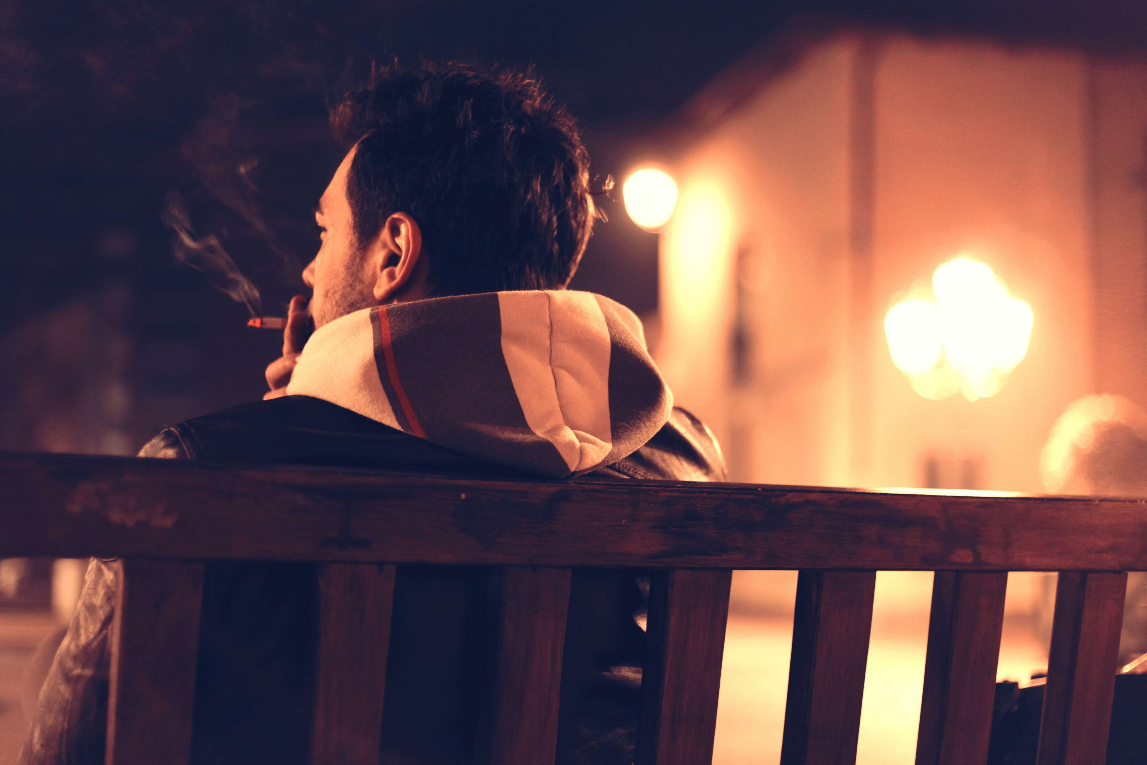 adult, alone, bench, cigarette, lonely, man, night, person