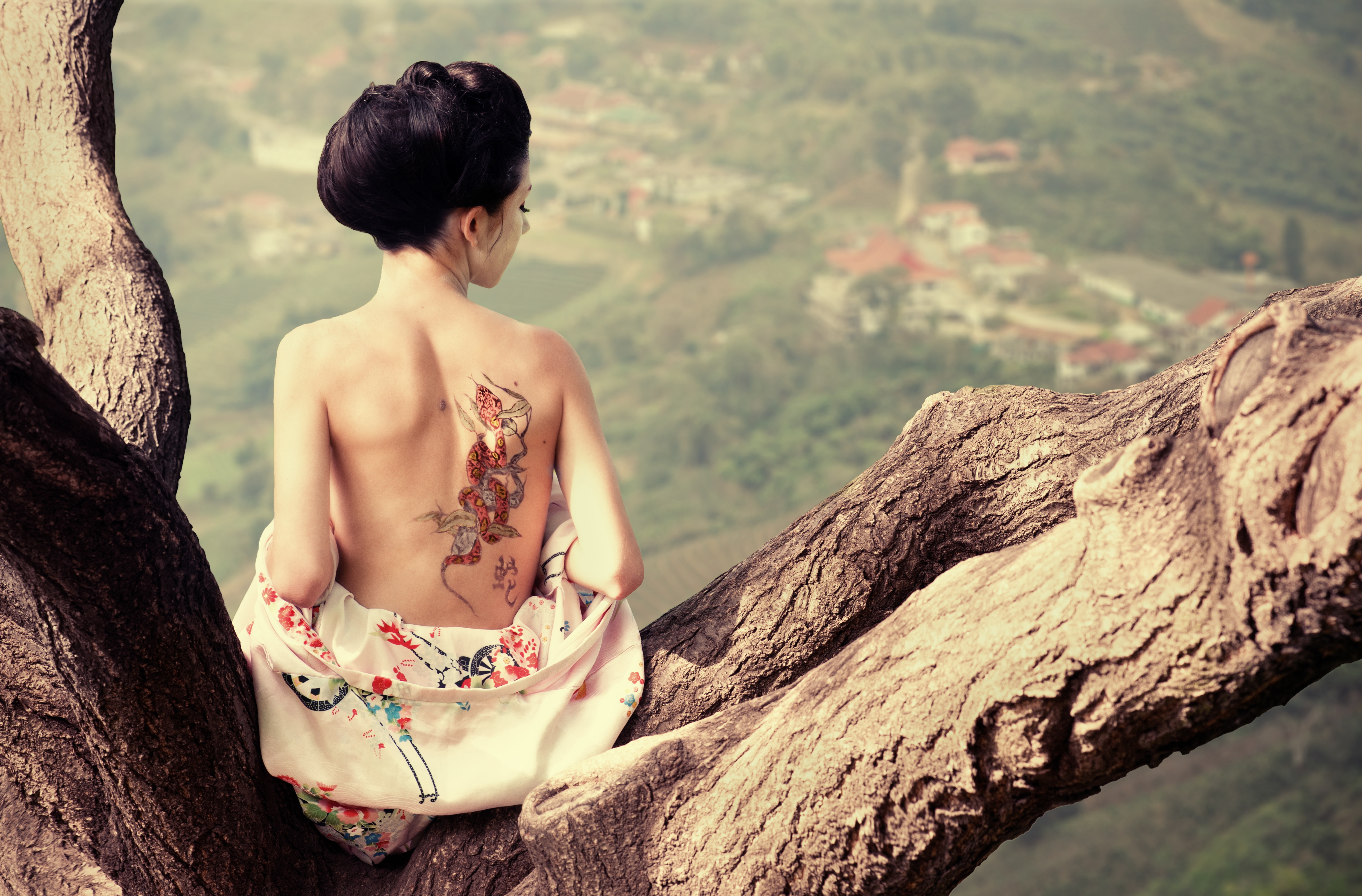 women's white and pink floral top, tree, back, tattoo, geisha