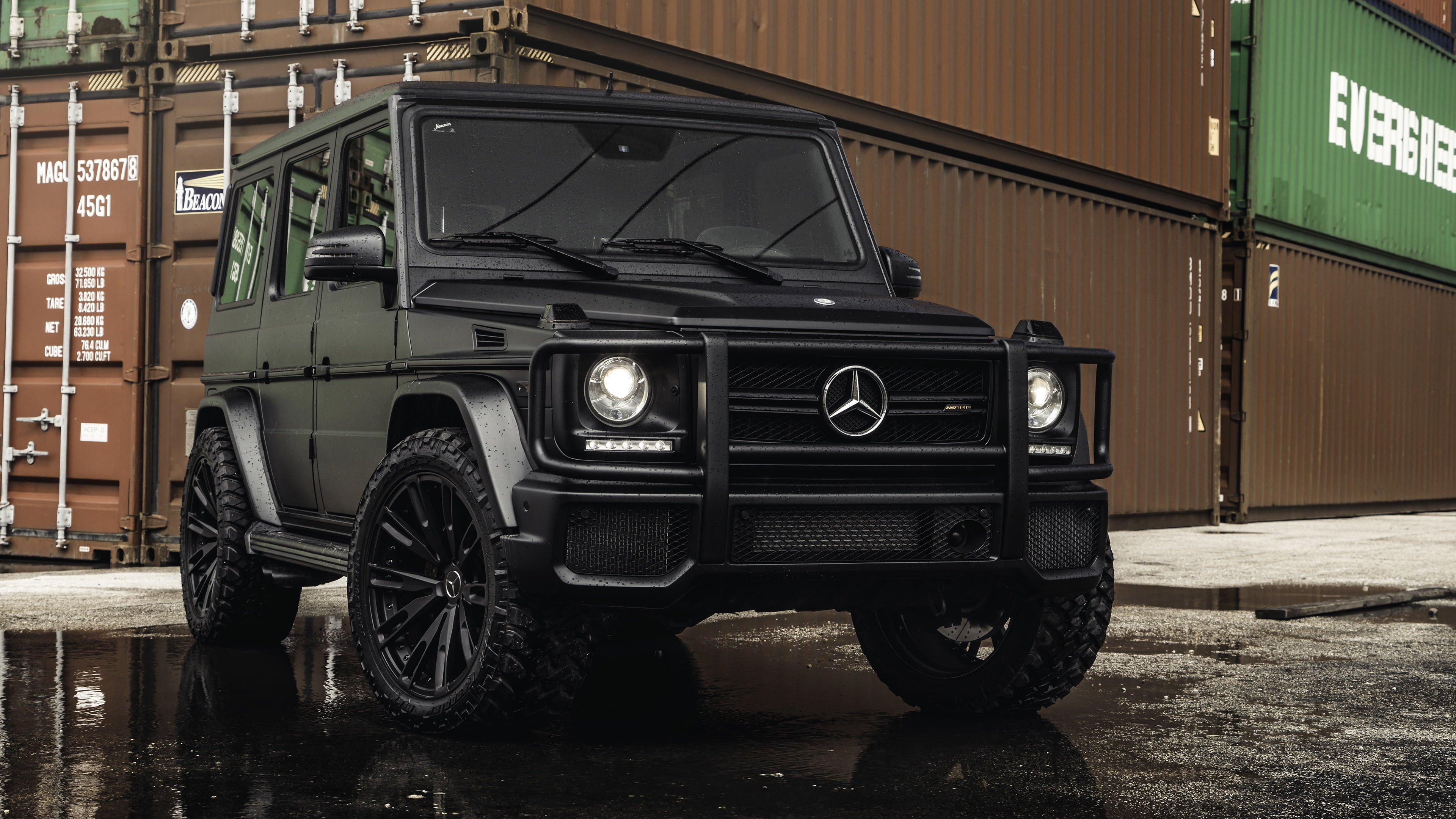 black Mercedes-Benz G-class SUV, container, tires, G63 AMG, ship container