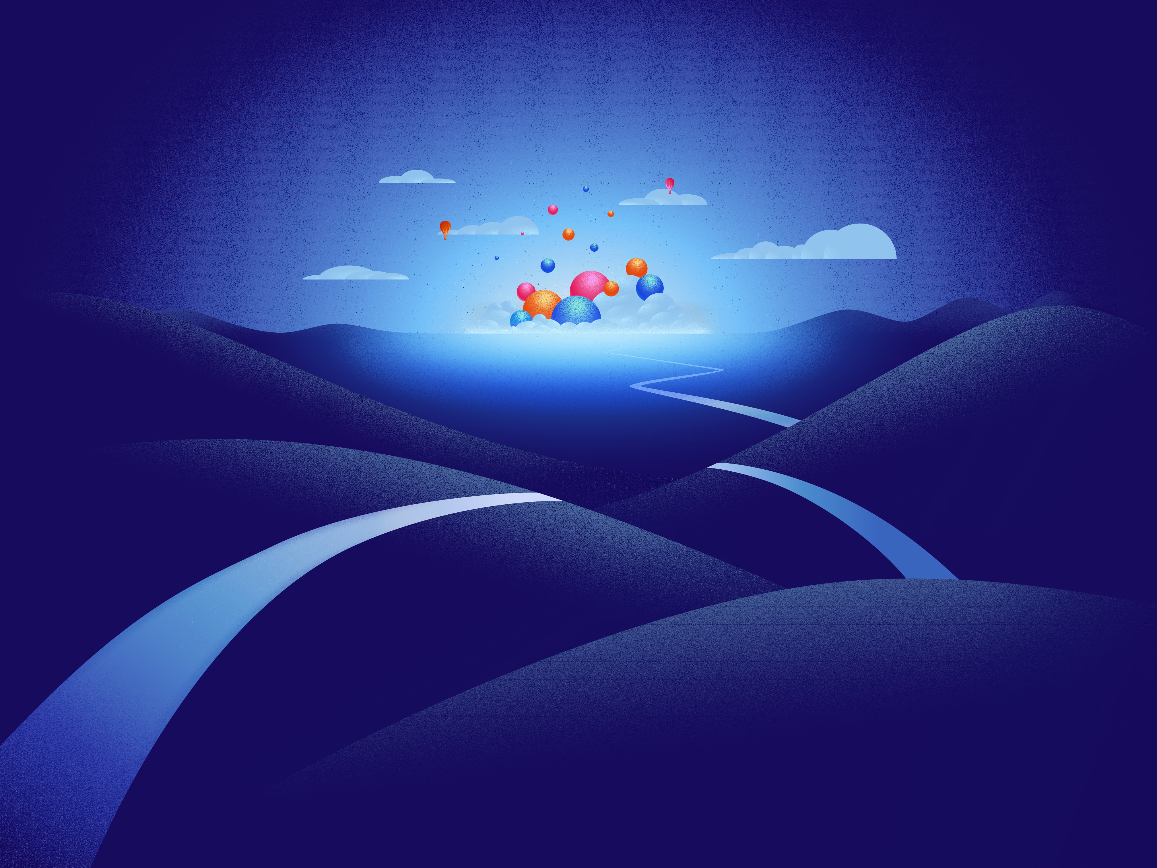 Fedora, Linux, operating system, minimalism, clouds, path, blue background