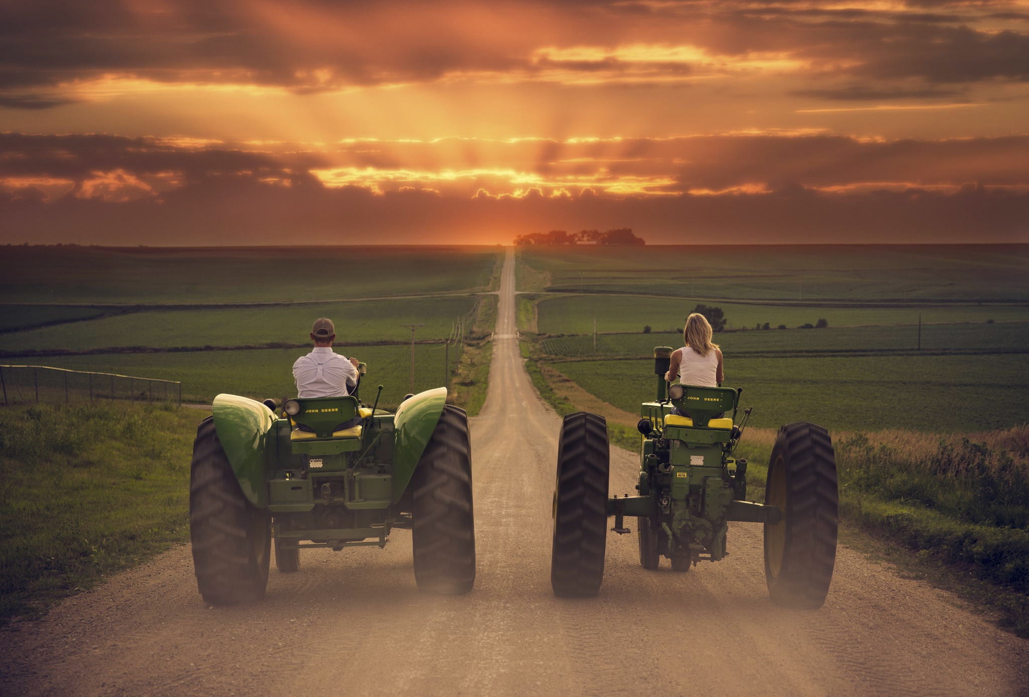 two green John Deere tractors, landscape, field, vehicle, sunset