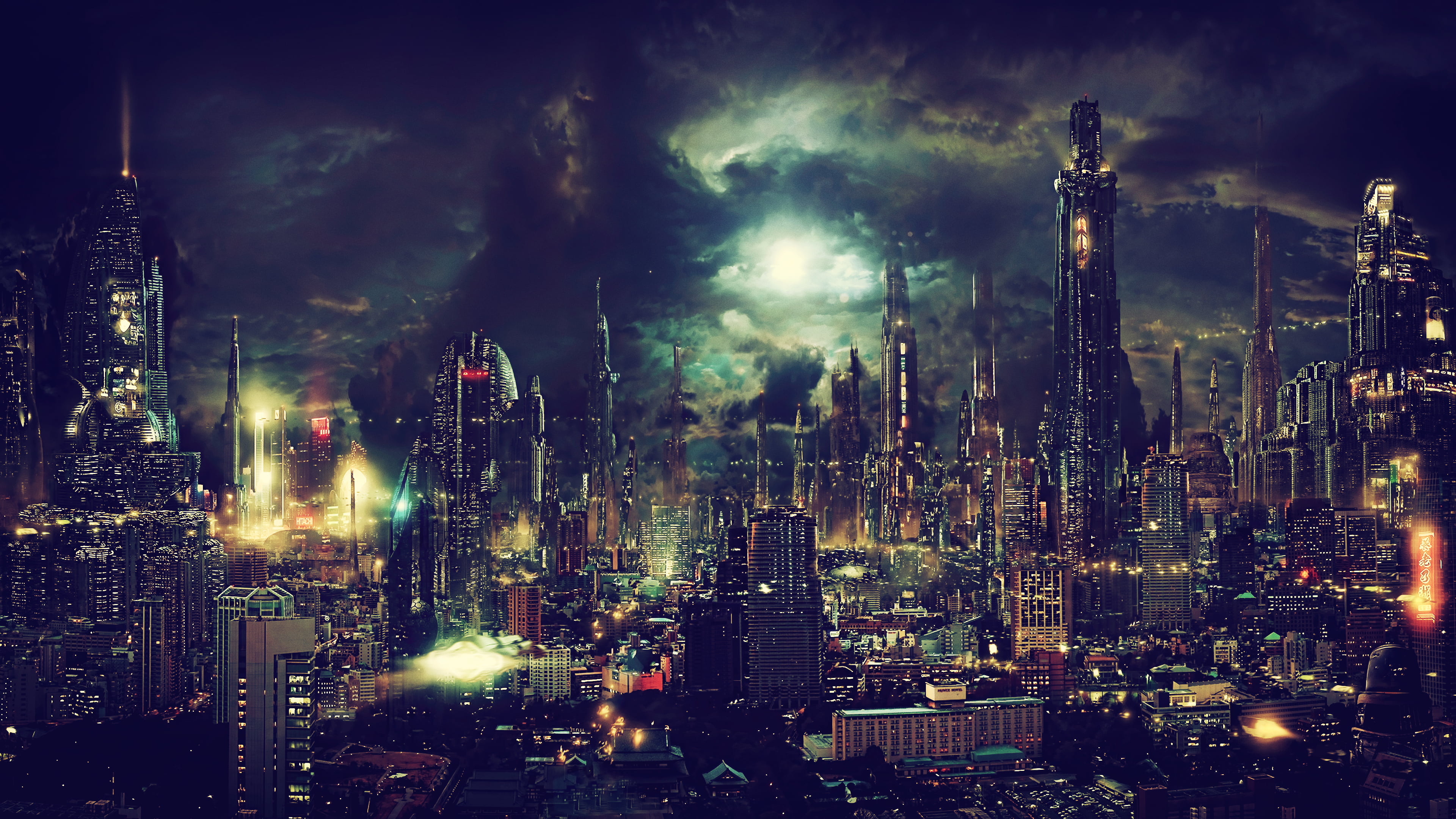 city buildings, high-rise building artwork, fantasy art, night
