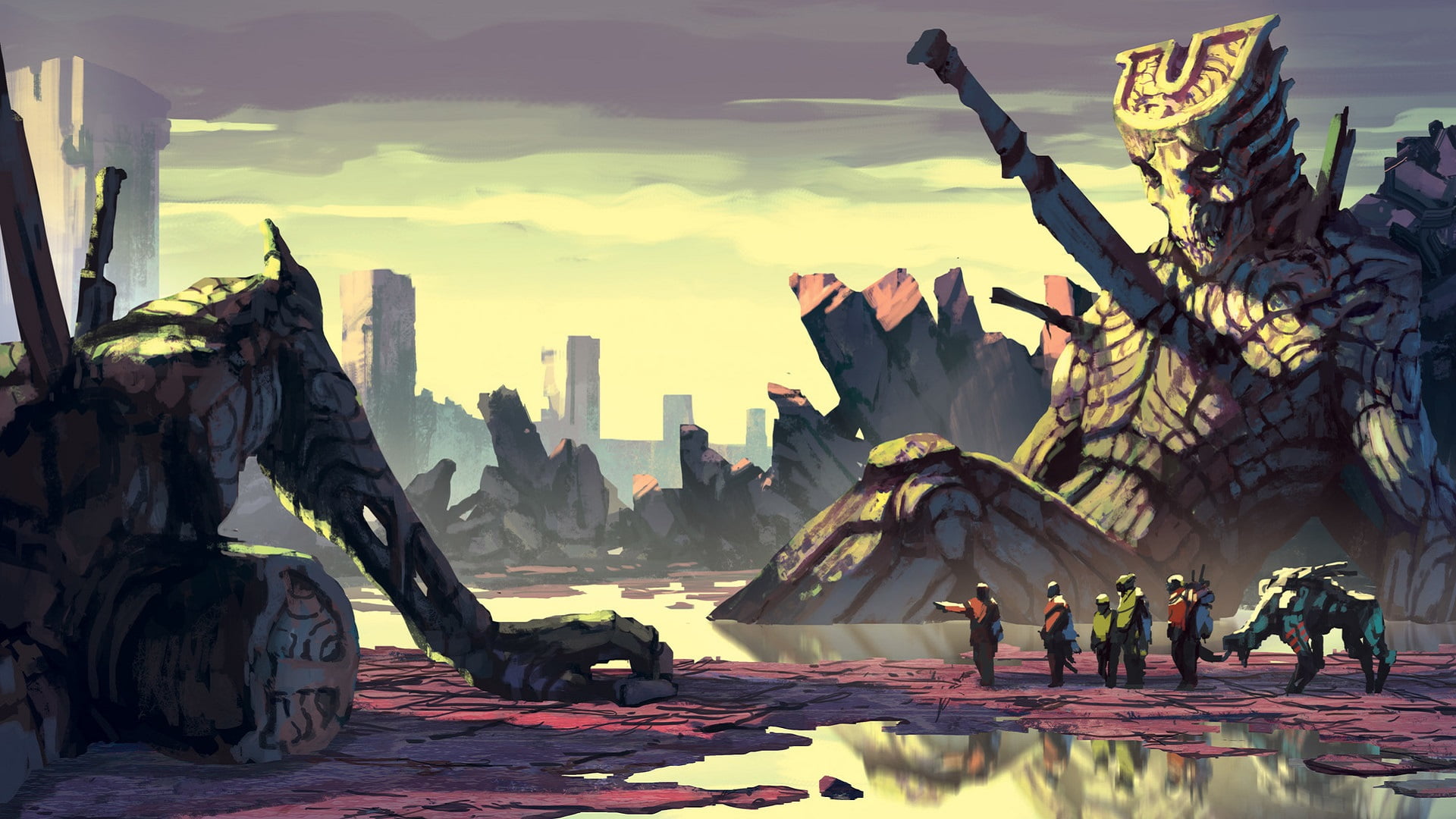 titan illustration, giant, weapon, exploration, water, ruin, fantasy art