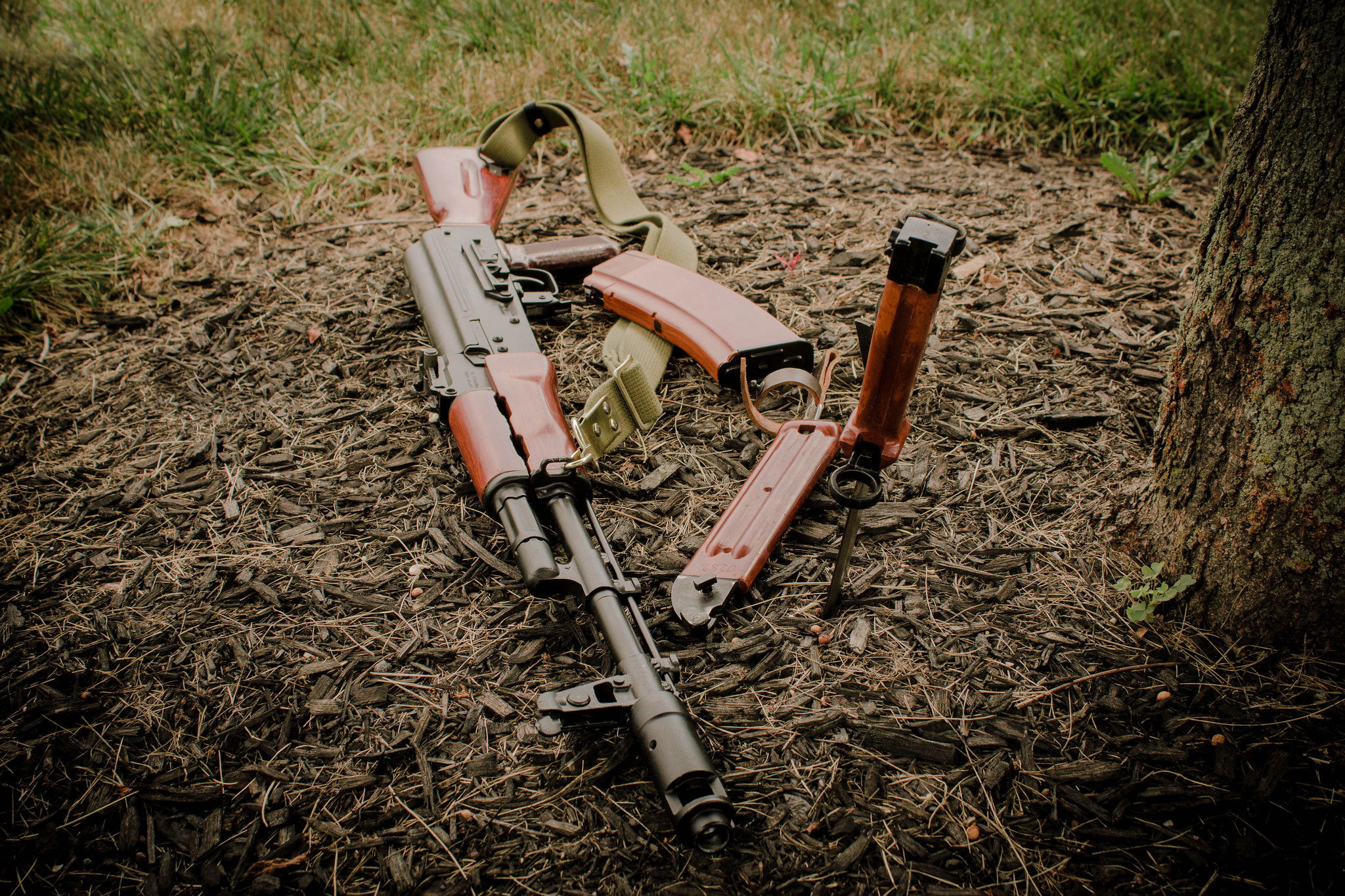 brown and black rifle, weapons, knife, machine, Kalashnikov, bayonet