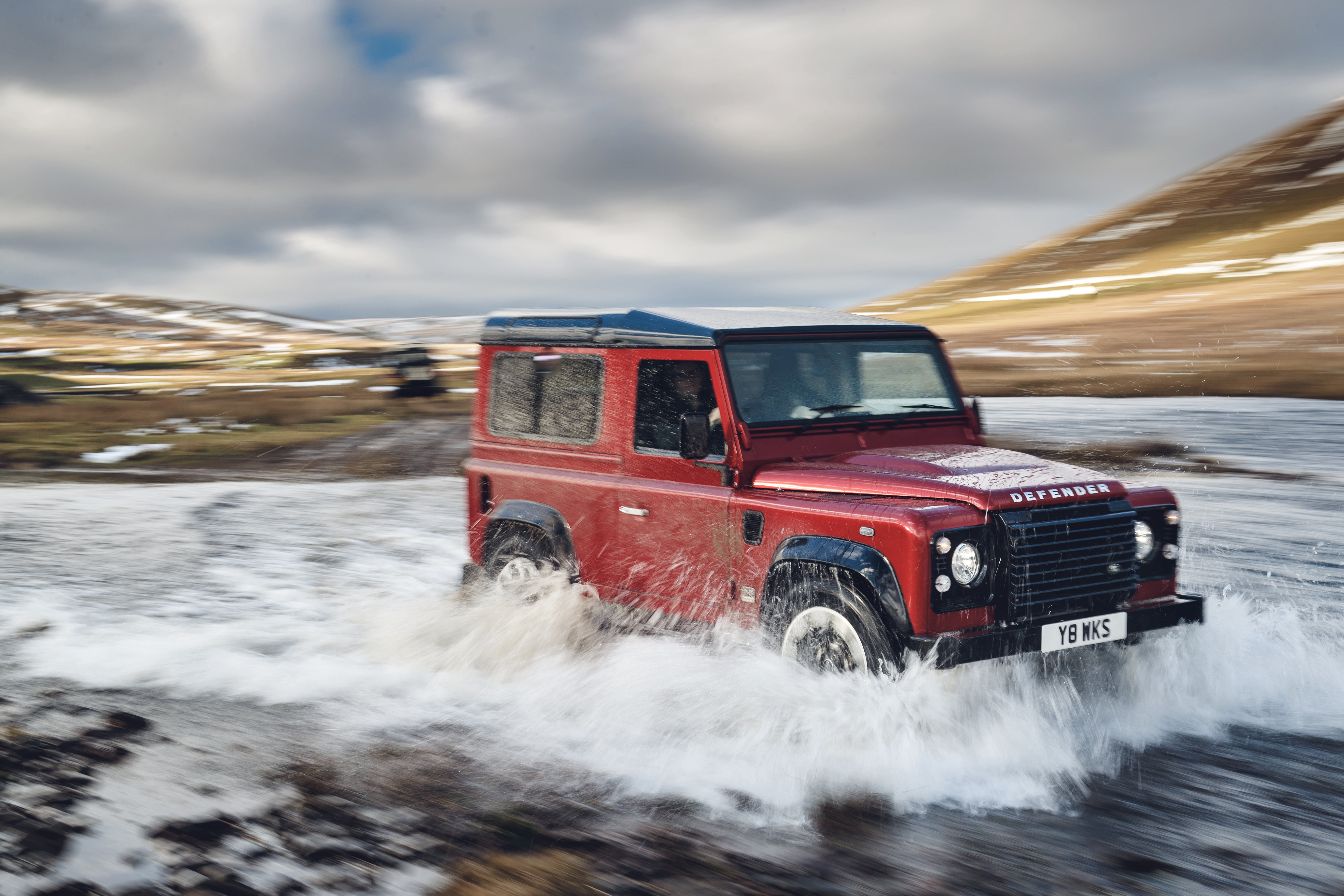 the sky, clouds, red, river, hills, stream, SUV, Land Rover