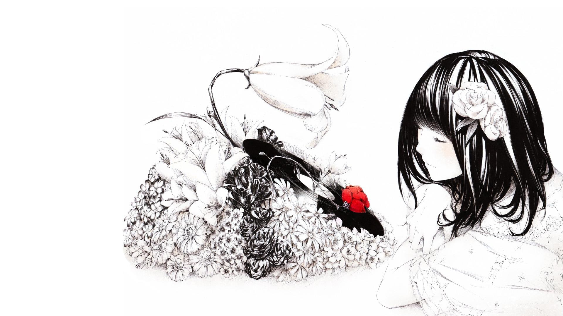 music of Nature, black-hair, rose, flowers, anime, girl, cute-girl