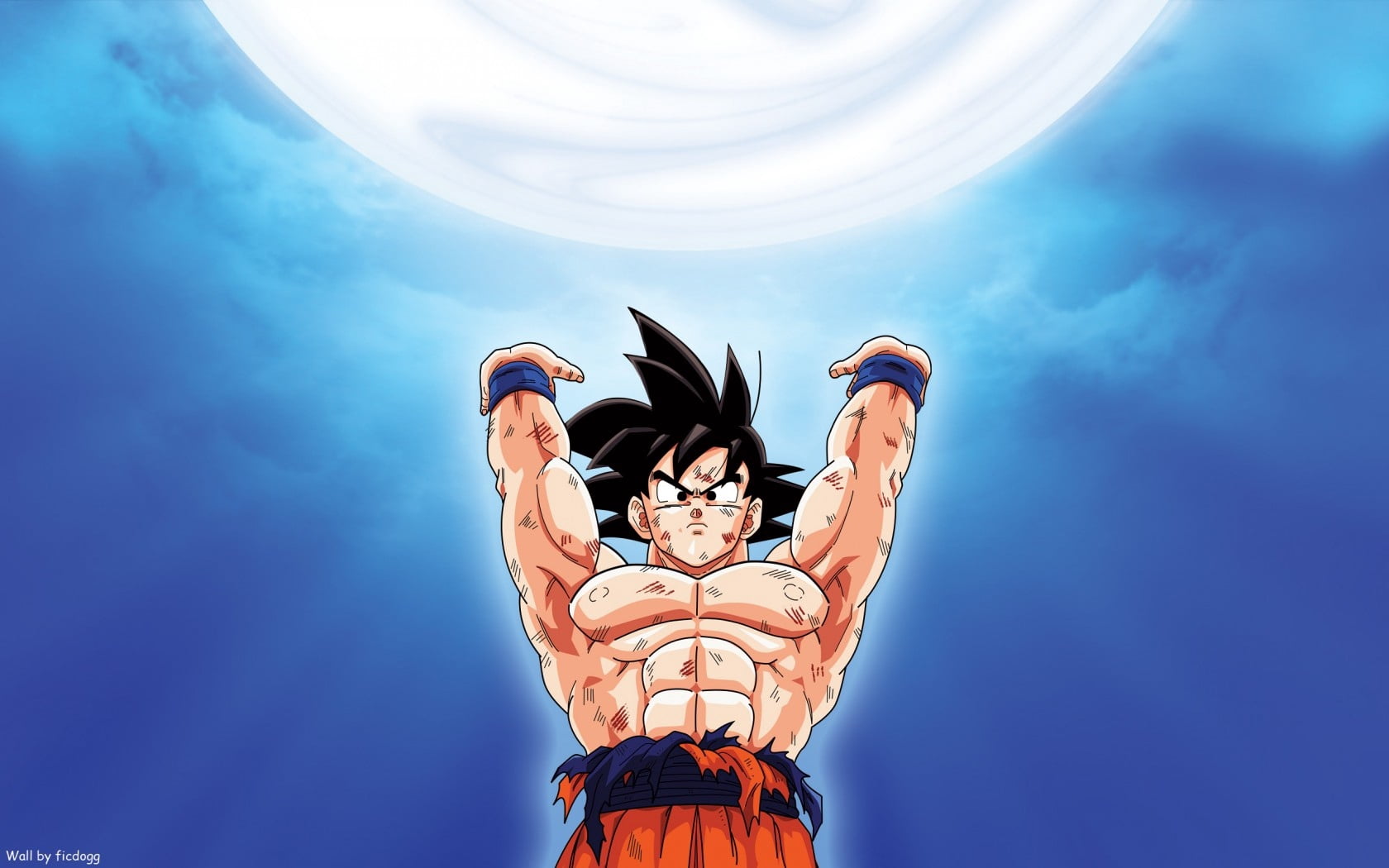 Son Goku of Dragon Ball, boy, goku genkidama, brunette, muscles