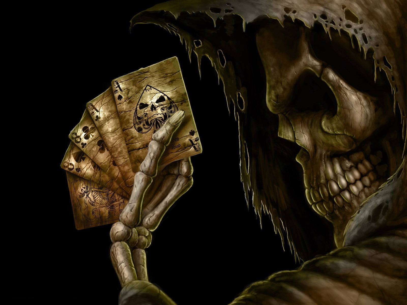 reaper holding five cards digital wallpaper, death, skull, Grim Reaper